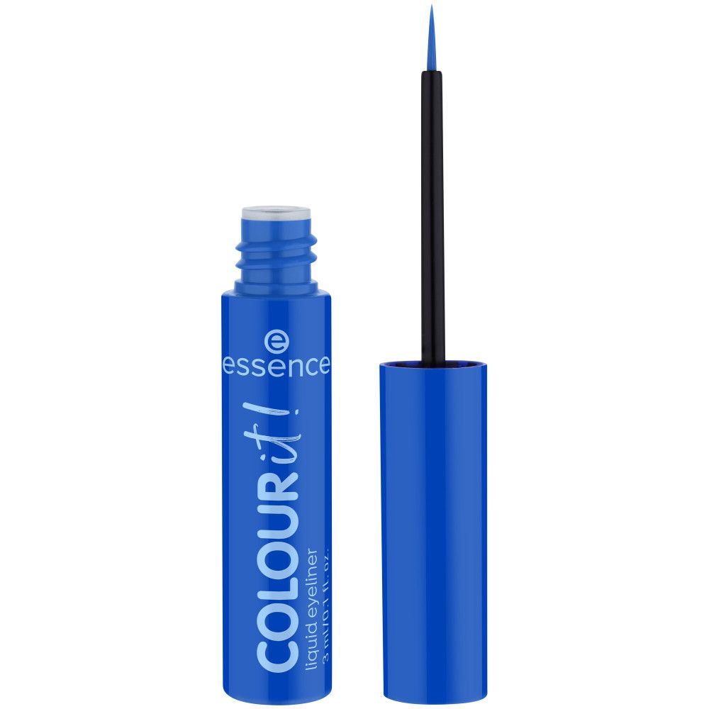 Eyeliner liquide bleu avec applicateur noir. Nom du produit et marque visibles. Flacon ouvert.