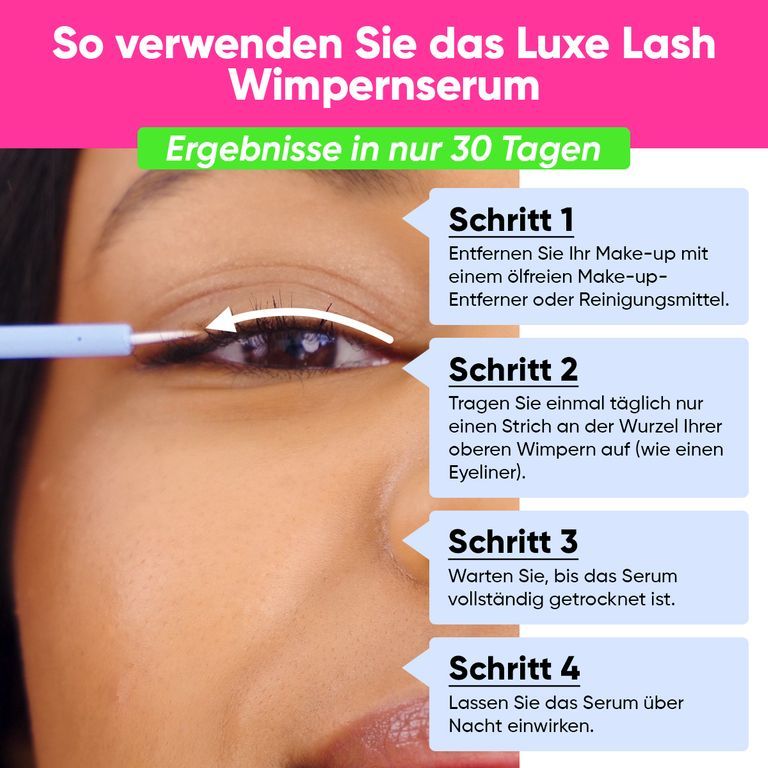 Étapes d'application du sérum pour cils Luxe Lash : démaquiller, appliquer, sécher, laisser agir.