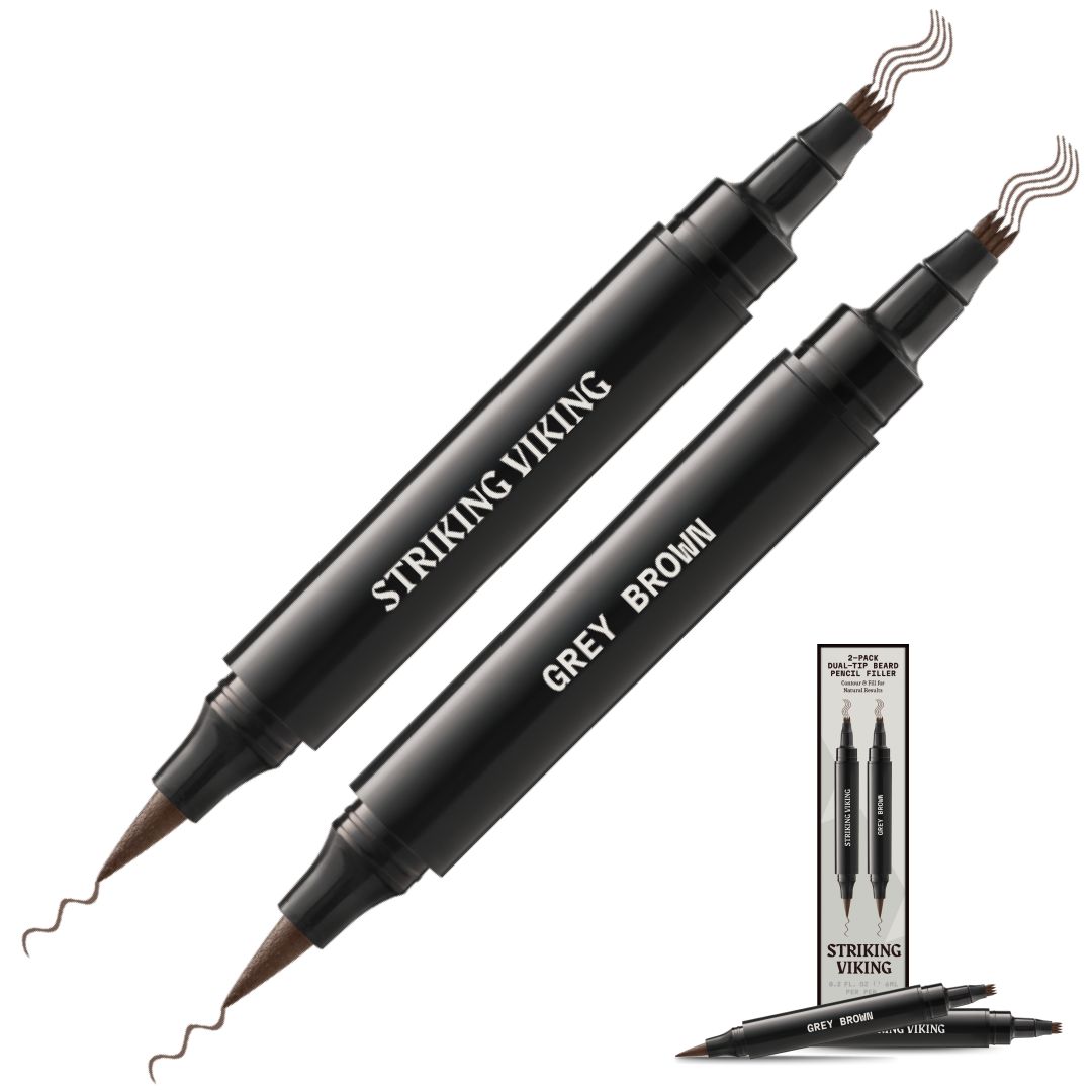 Deux stylos gris à double pointe. Inscriptions "STRIKING VIKING" et "GREY BROWN". Emballage avec illustration du produit.