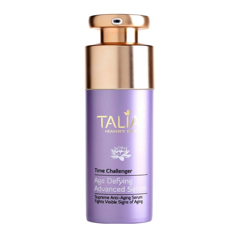 Flacon de sérum violet "Talia Heaven's Dew Time Challenger" avec pompe.