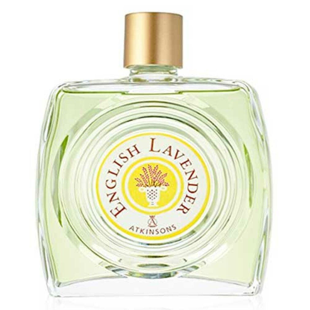 Atkinsons English Lavender Eau de Toilette. Flacon carré, vert clair. Étiquette jaune avec texte et logo. Bouchon doré.