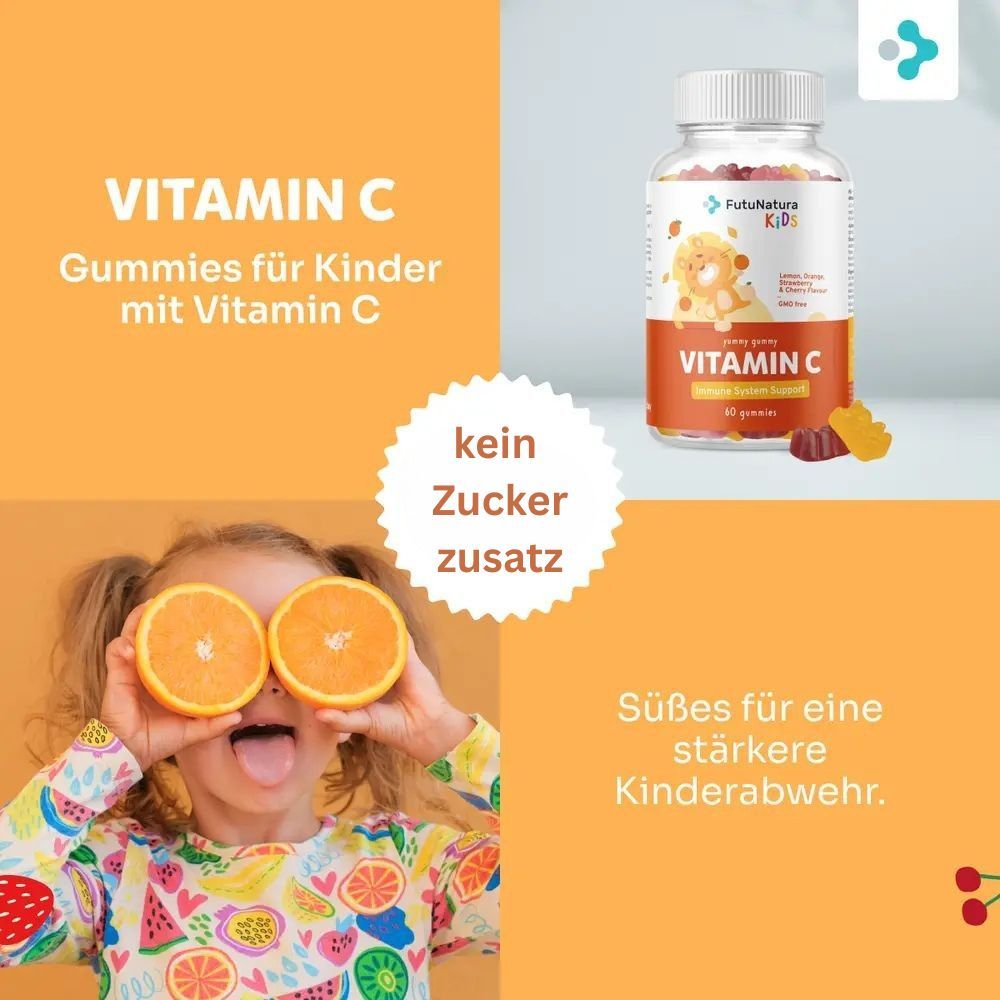 Kind met sinaasappels. Flesje Vitamin C Gummies. Tekst: Vitamin C Gummies voor kinderen met Vitamin C. Geen toegevoegde suiker.