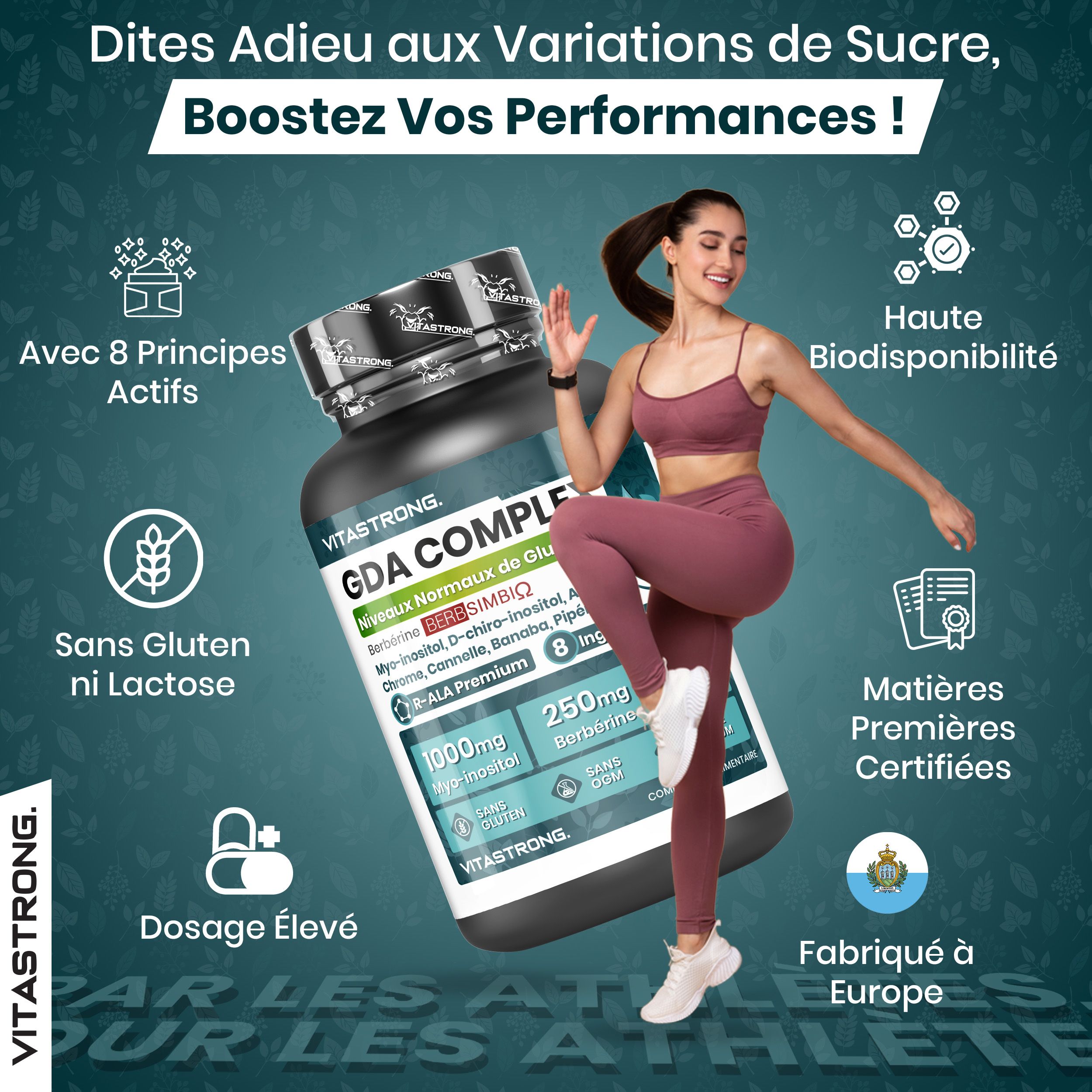 Vitastrong GDA Complex, 60 tabletten. Vrouw in sportkleding. Verpakking met tekst: Glutenvrij, lactosevrij, 8 actieve ingrediënten.