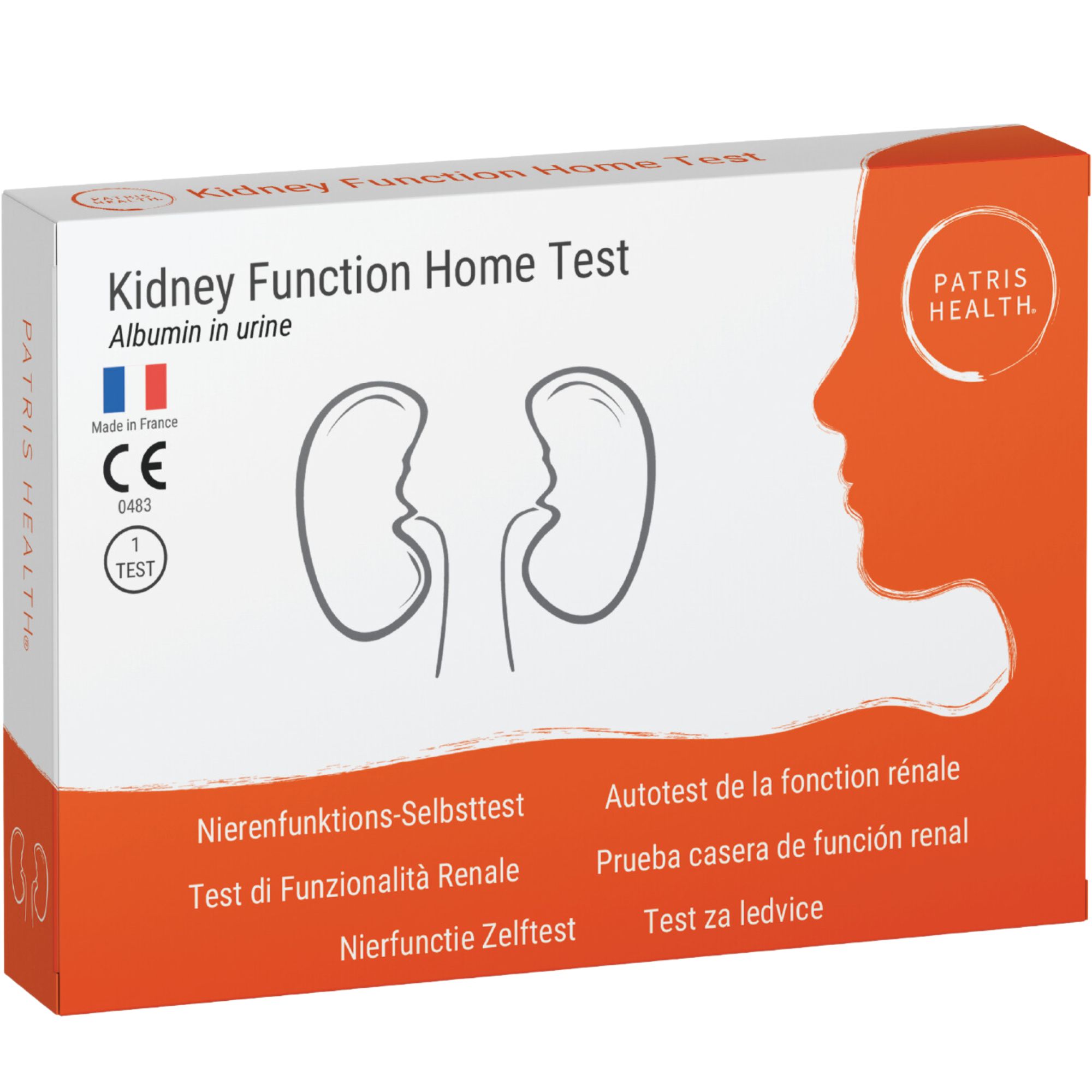Productverpakking: Kidney Function Home Test. Bevat informatie over merk, certificering en herkomst.