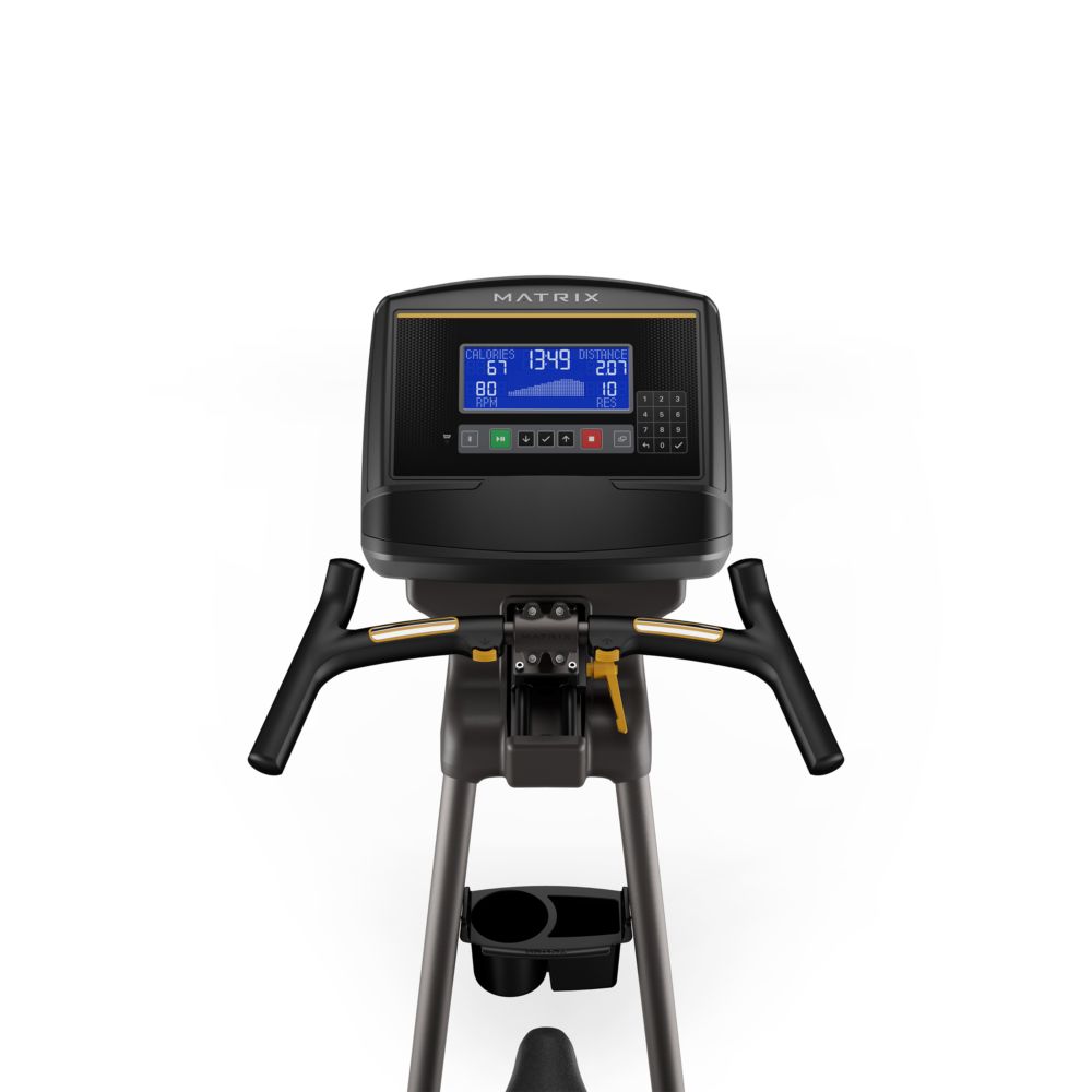 Vision Fitness U50. Gros plan sur la console d'un vélo d'appartement. Affichage numérique. Logo Matrix en haut.