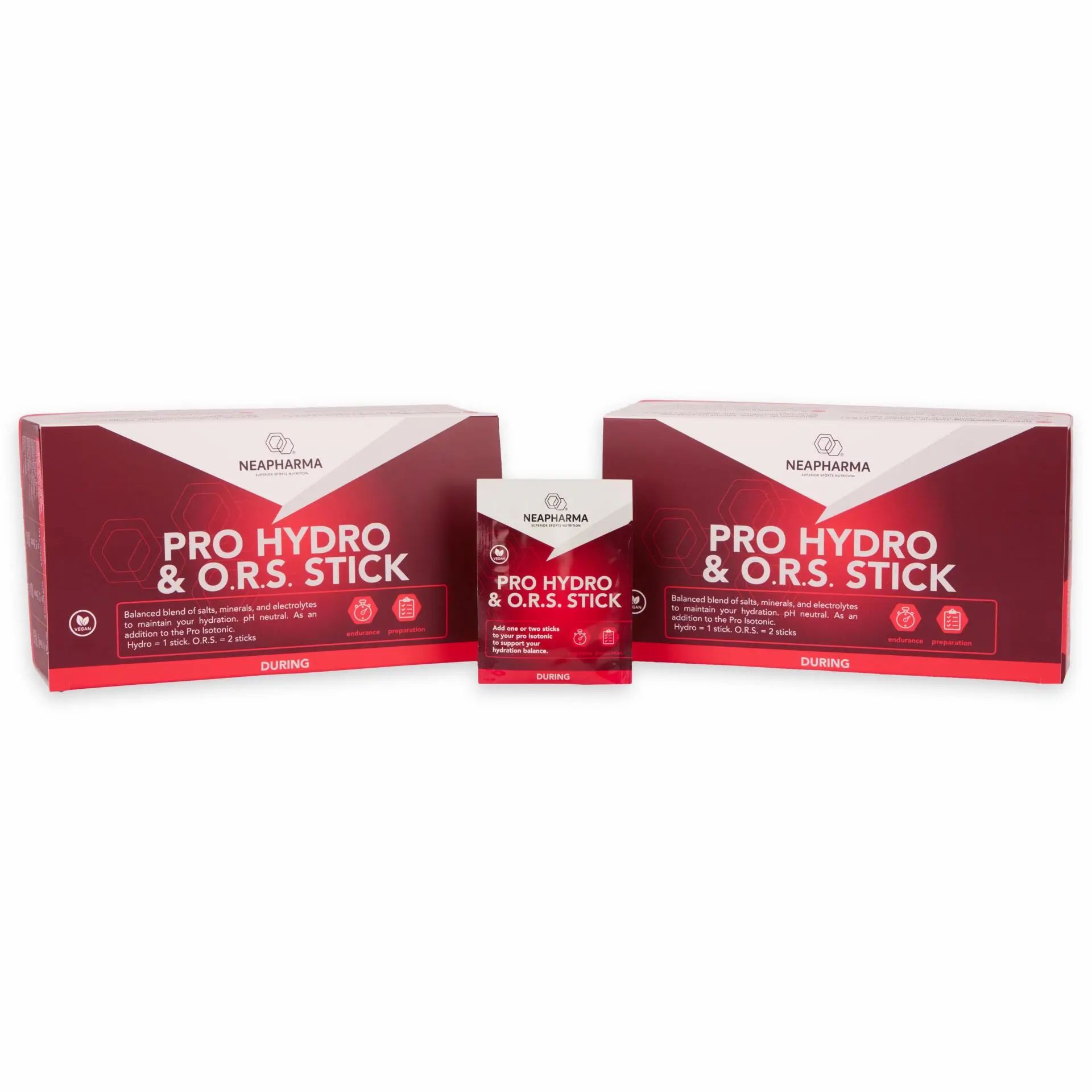 Emballages avec inscription rouge et blanche: PRO HYDRO & O.R.S. STICK. Marque: NEAPHARMA. Un petit paquet à côté.