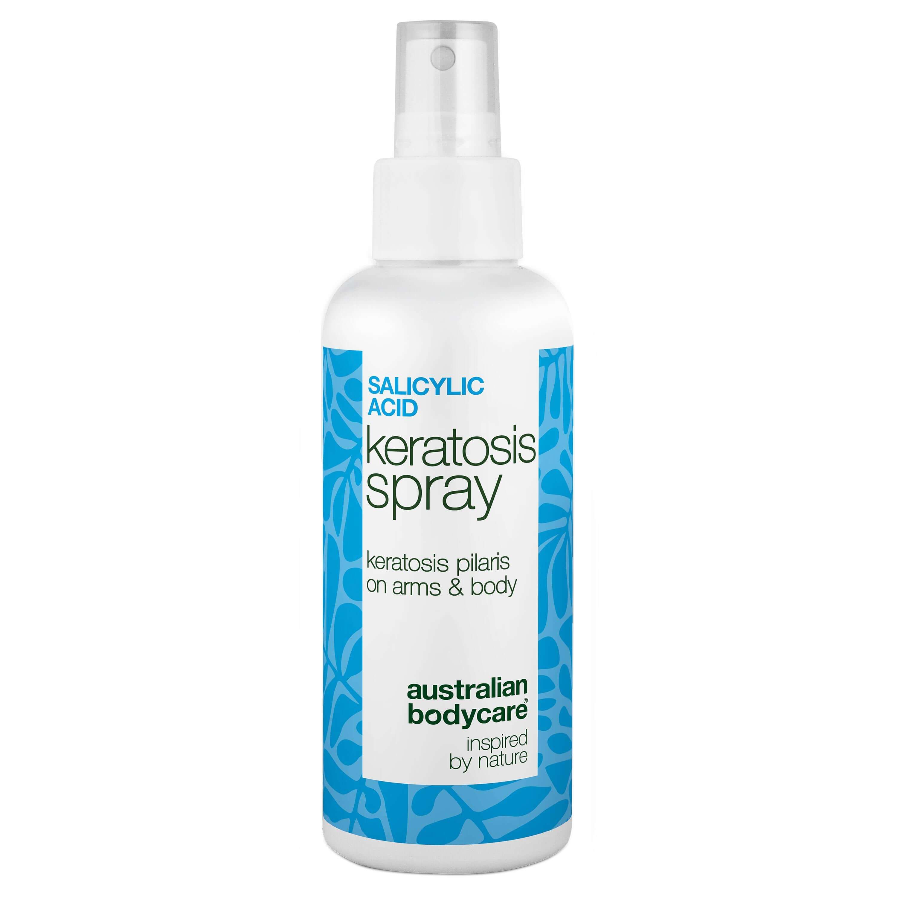 Witte spray met blauw etiket. Tekst: Salicylzuur, Keratosis Spray, Australian Bodycare.