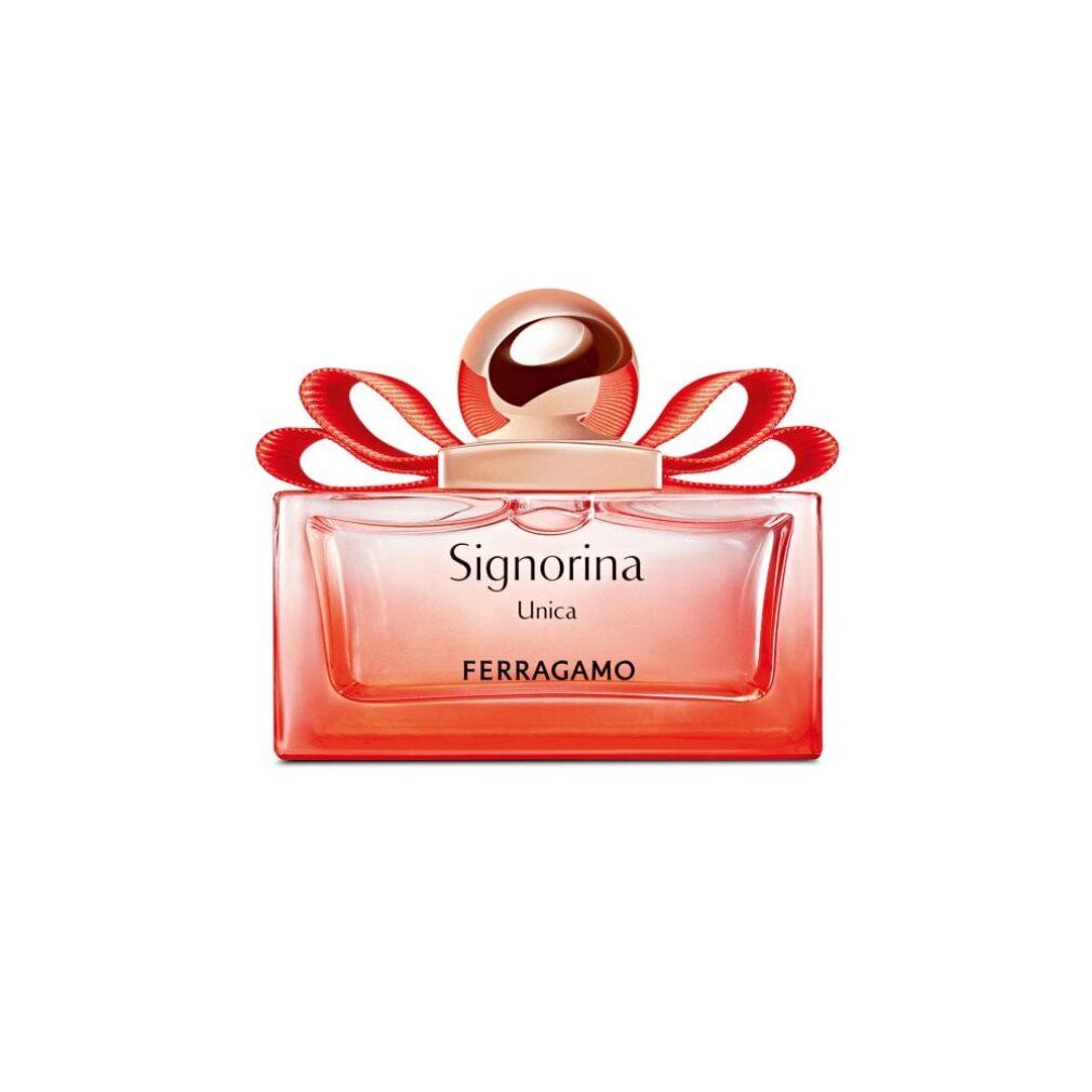 Flesje Signorina Unica van Ferragamo. Rechthoekige fles met rode strik. Opschrift Signorina Unica en Ferragamo.