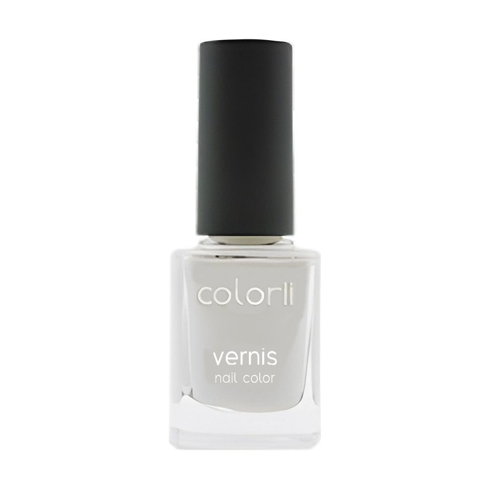 Flacon de vernis à ongles avec bouchon noir. Inscription "colorii", dessous "vernis nail color". Flacon contenant un liquide gris clair.