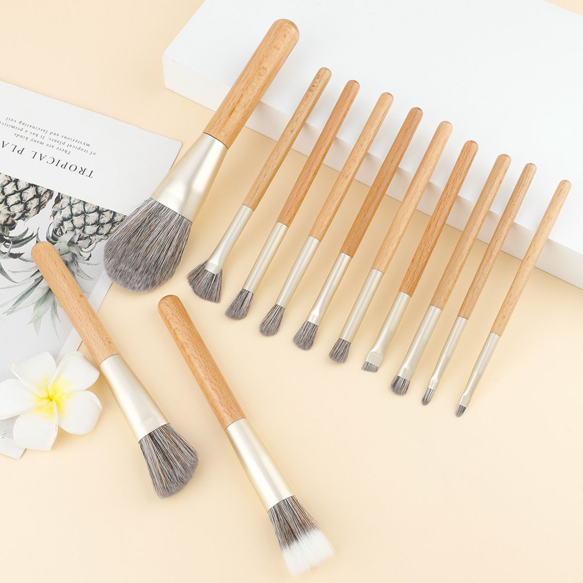 Ensemble de 12 pinceaux de maquillage avec manches en bois et viroles argentées.