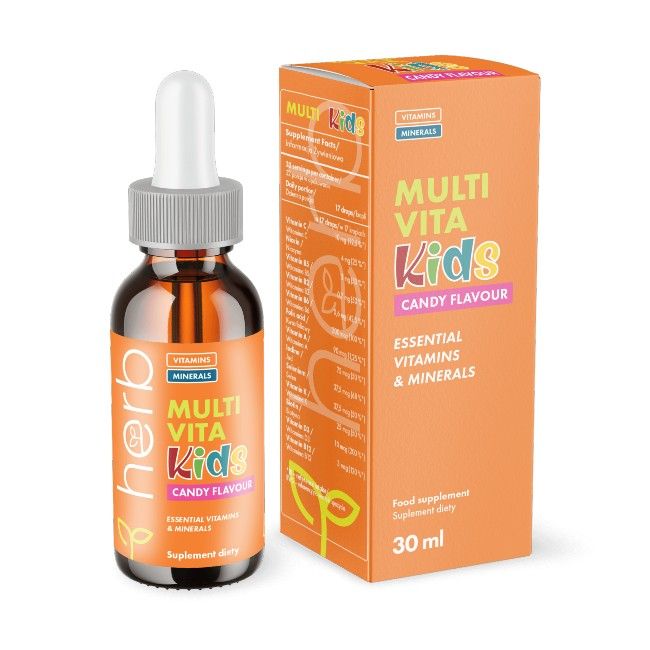 Bruin glazen flesje met druppelaar en oranje doosje. Bevat Multi Vita Kids snoepsmaak, essentiële vitaminen en mineralen.