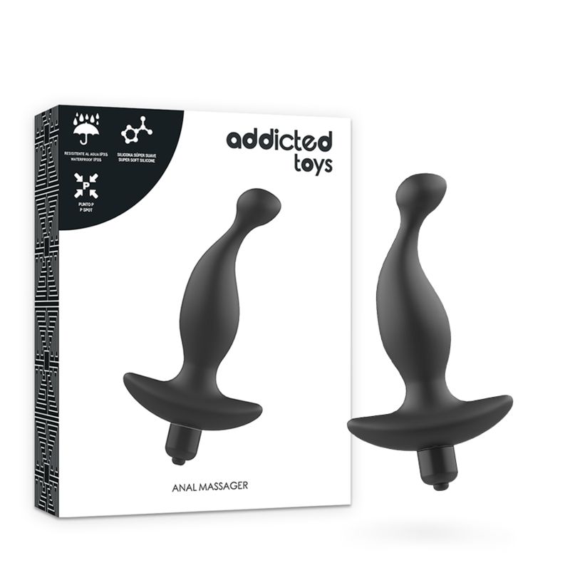 Vibrateur anal noir à forme courbée et base large. Logo "Addicted Toys" et "Anal Massager" sur l'emballage.