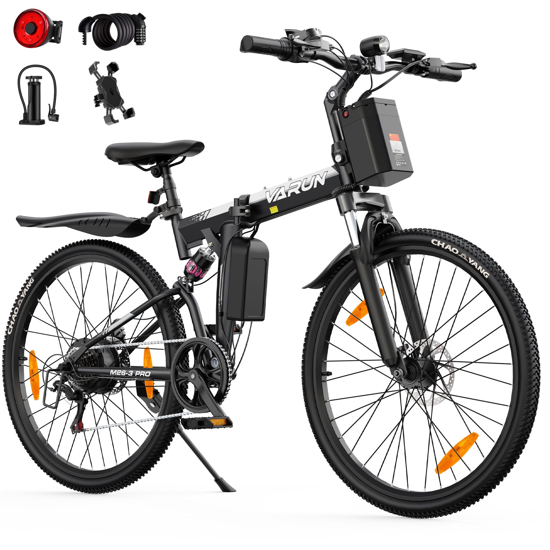 Vélo pliant noir avec batterie, logo VARUN. Accessoires: feu arrière, antivol spirale, pompe, support téléphone.