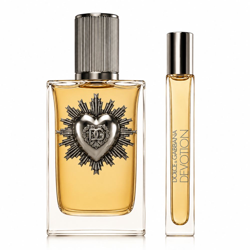 Flacon Dolce & Gabbana Devotion Eau de Parfum et vaporisateur de voyage avec détail de cœur argenté.