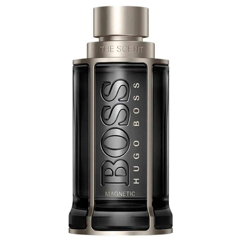 Flacon noir avec bouchon argenté. Inscription en relief "BOSS" et "MAGNETIC". "HUGO BOSS" et "THE SCENT" sont également visibles.