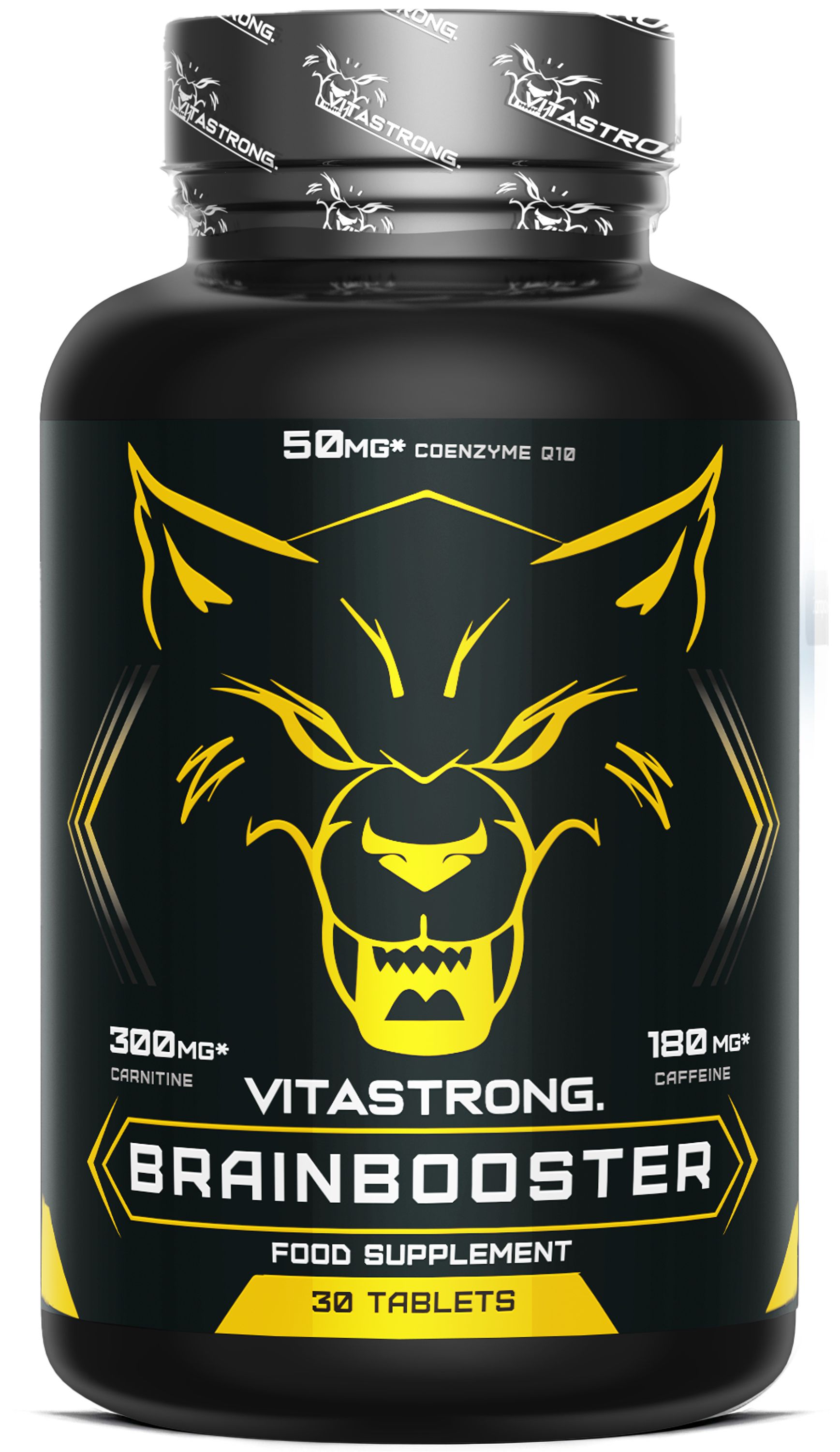 Zwarte container met gele wolfskop-logo en "Brainbooster"-opschrift. Bevat 30 tabletten.