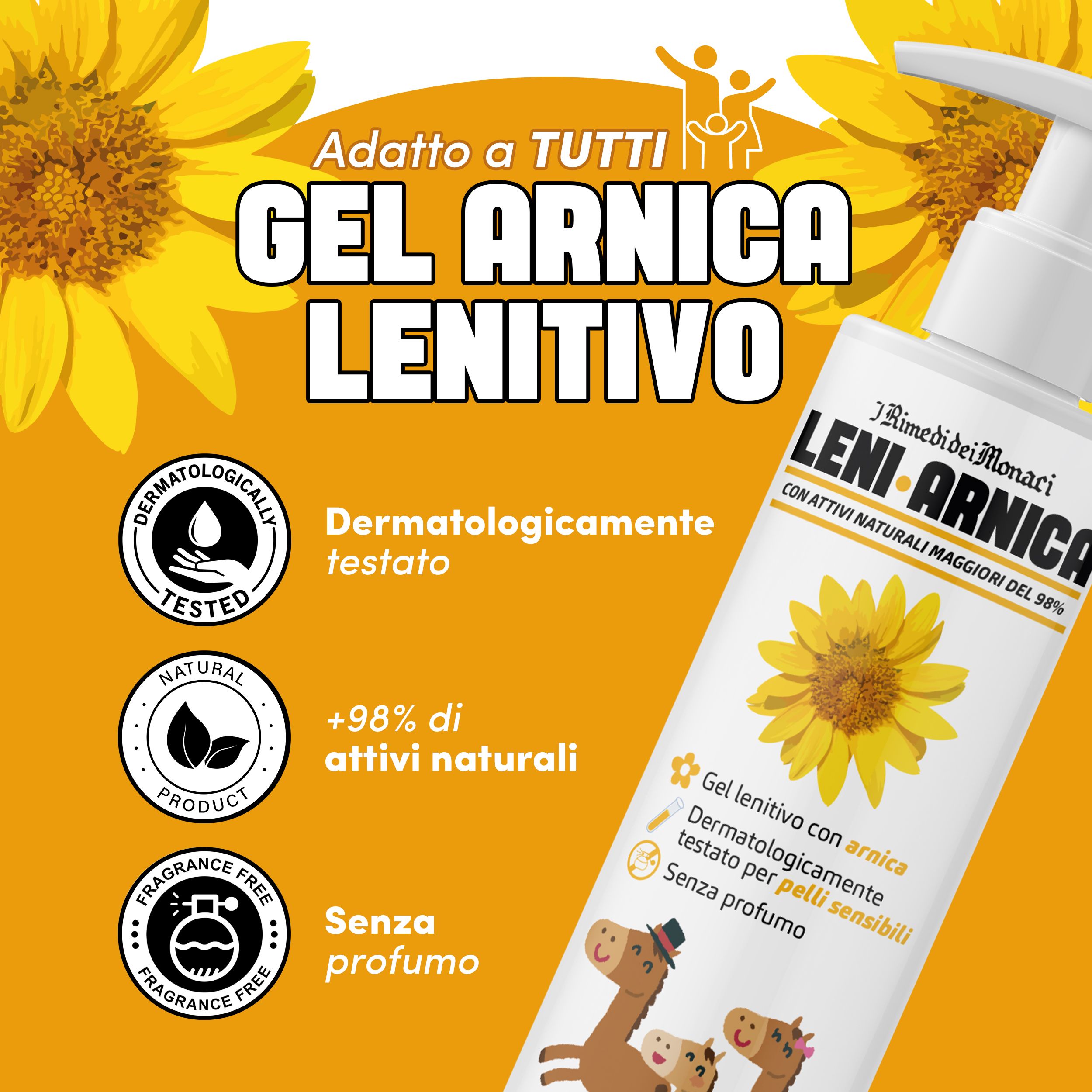 Arnica gel fles met geel etiket. Opschrift: Gel Arnica Lenitivo. Dermatologisch getest, natuurlijk product, zonder parfum.