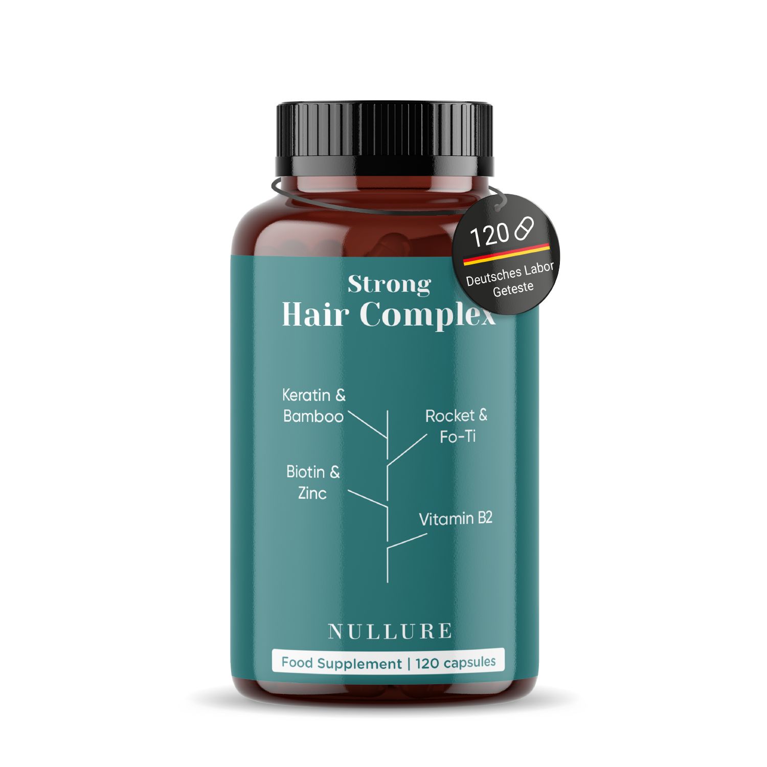 Bruine fles met capsules. Opschrift: Strong Hair Complex. Bevat keratine, bamboe, biotine, zink, Rocket & Fo-Ti, vitamine B2. 120 capsules. Duits laboratorium.