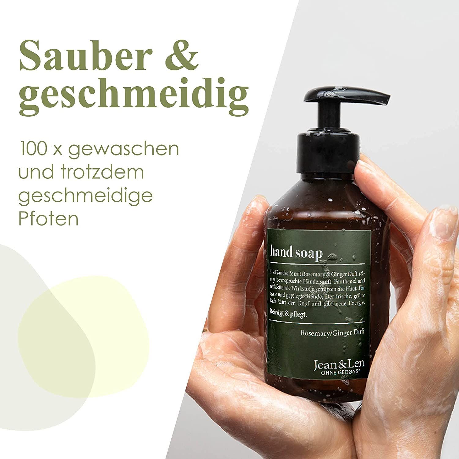 Mains tenant un flacon de savon pour les mains. Texte : Sauber & geschmeidig, 100 x gewaschen und trotzdem geschmeidige Pfoten.