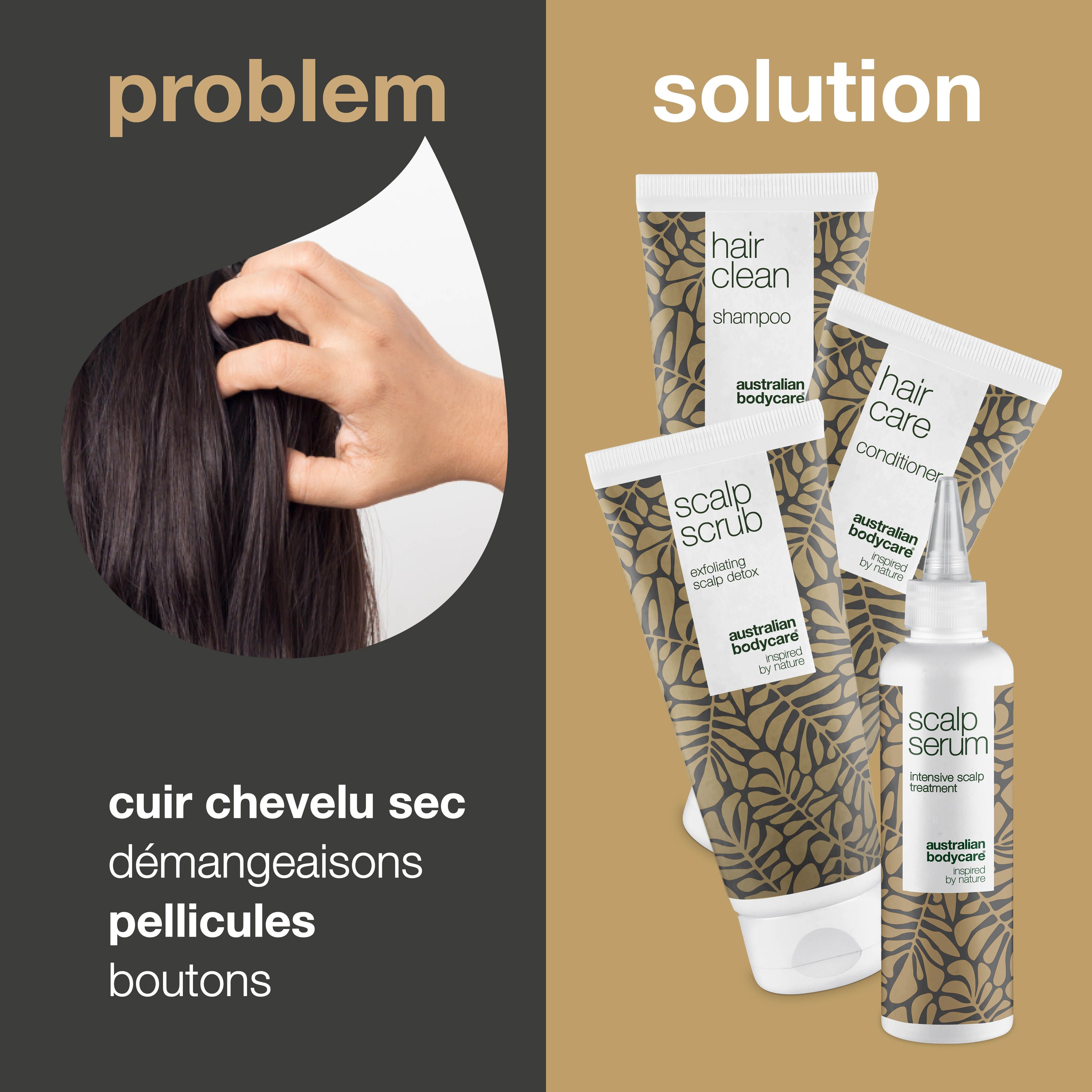 Présentation problème-solution. À gauche : main sur la tête. À droite : produits : shampooing, gommage, revitalisant, sérum.
