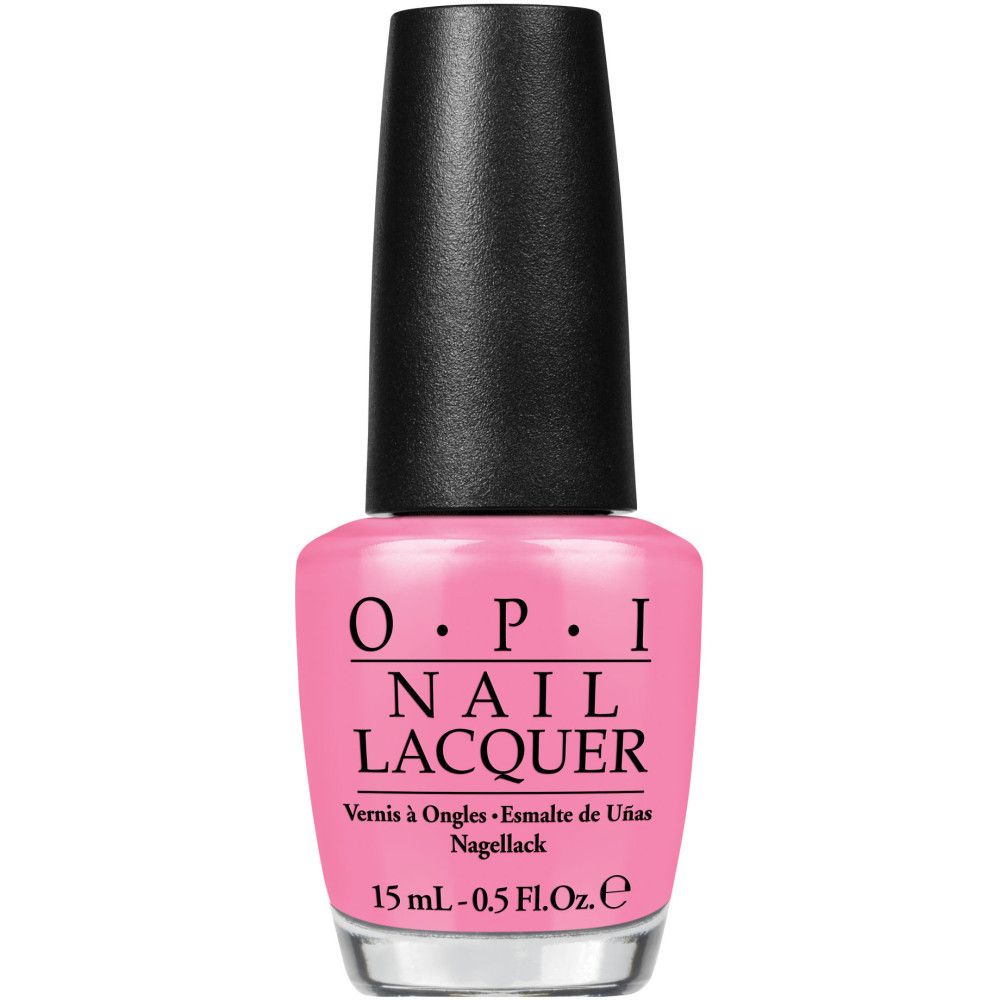 OPI nagellakfles. Roze lak met zwarte dop. Productnaam en volume-aanduiding.