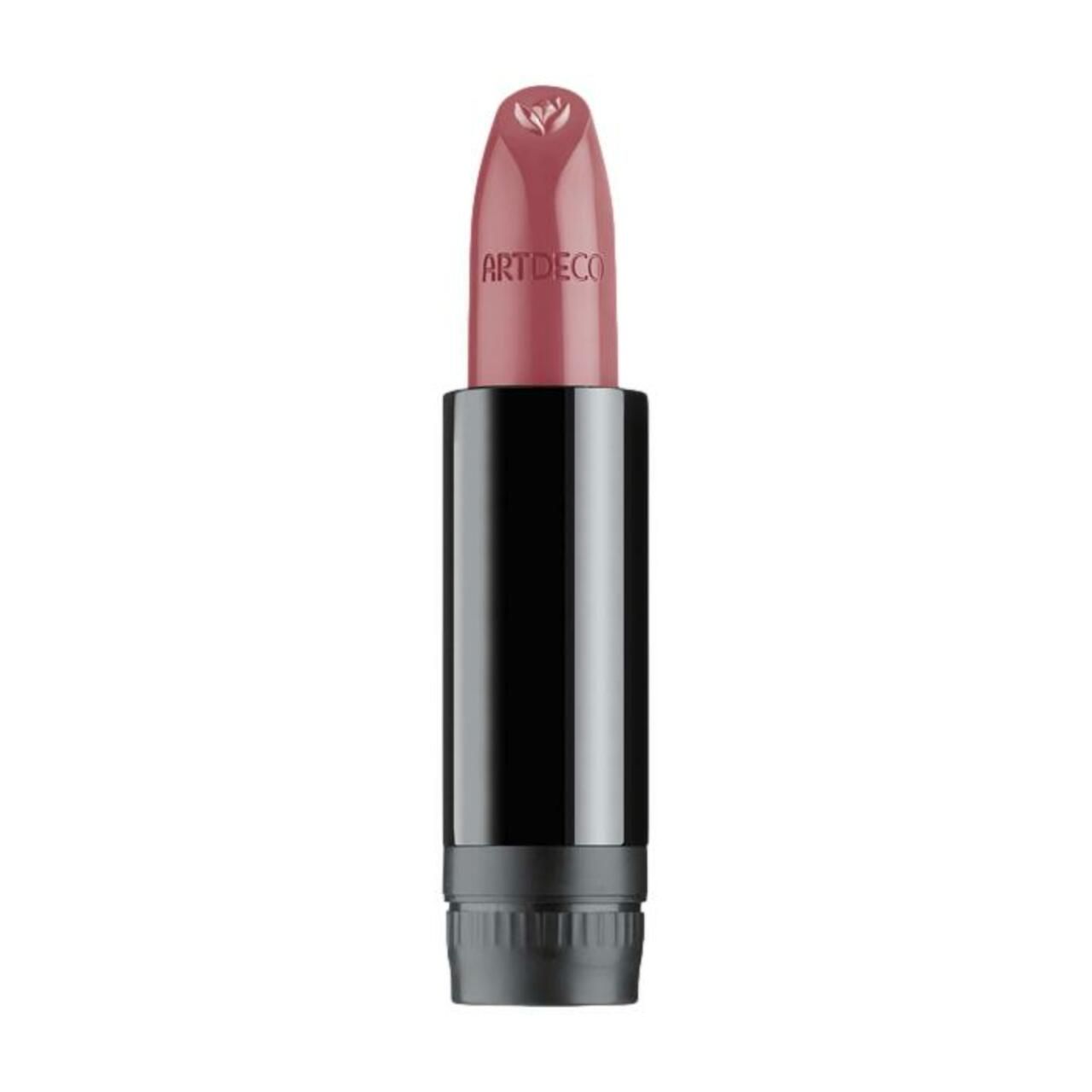Roze lipstick navulling, zwarte huls. Merk Artdeco zichtbaar. Punt met logo. Verticale weergave.