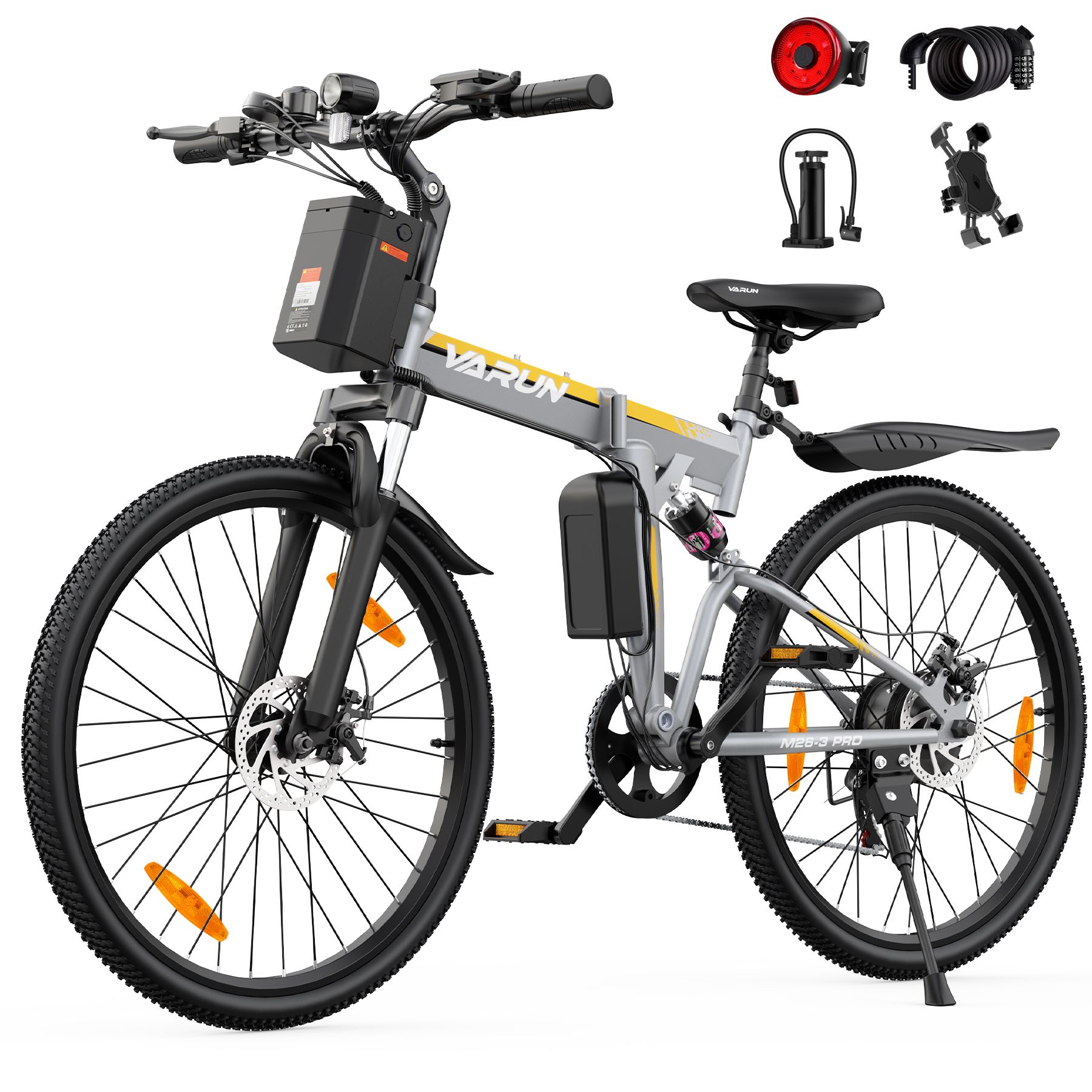 Vélo électrique pliable gris-jaune. Accessoires: feu arrière, antivol, pompe, support téléphone. Logo VARUN.