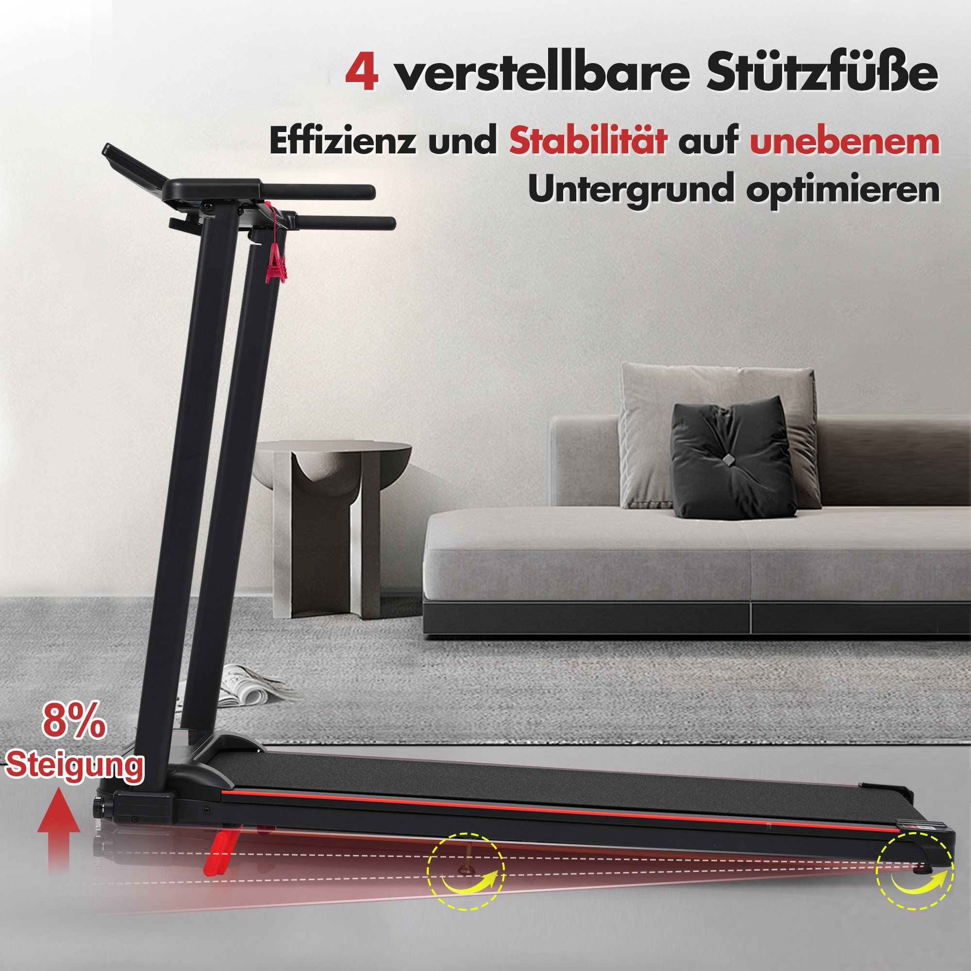 Tapis roulant noir avec 8% d'inclinaison et pieds réglables, dans un salon.