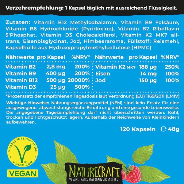 Ingrediëntenlijst en voedingstabel. Opschrift: NatureCraft, Vegan Basics. V-Label. 120 capsules.