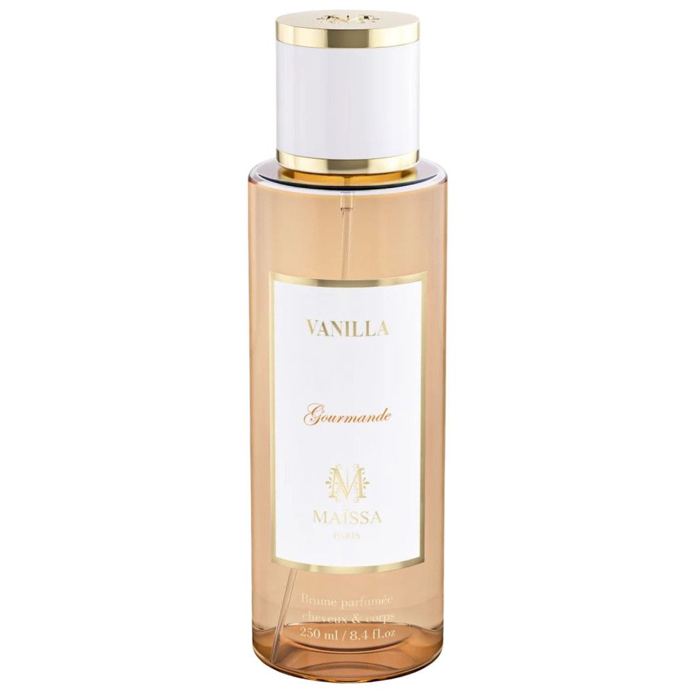 Flacon de parfum. Étiquette blanche avec texte doré: VANILLA, Gourmande, MAÏSSA. Bouchon et col doré. Liquide transparent.
