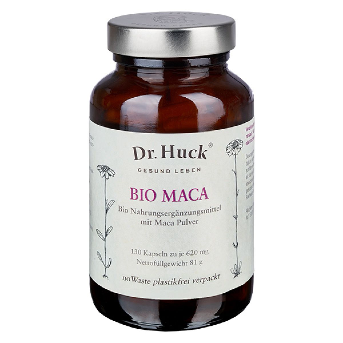 Flacon en verre brun avec couvercle argenté. Inscription BIO MACA et logo Dr. Huck. 130 gélules. Poids net 81g.