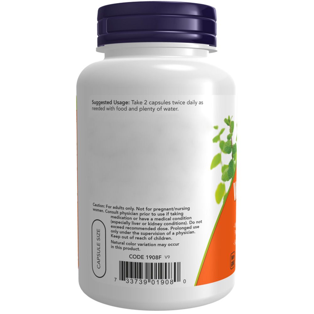Flacon blanc avec bouchon bleu. Inscription: Suggested Usage. Contient des informations sur le dosage et les précautions.