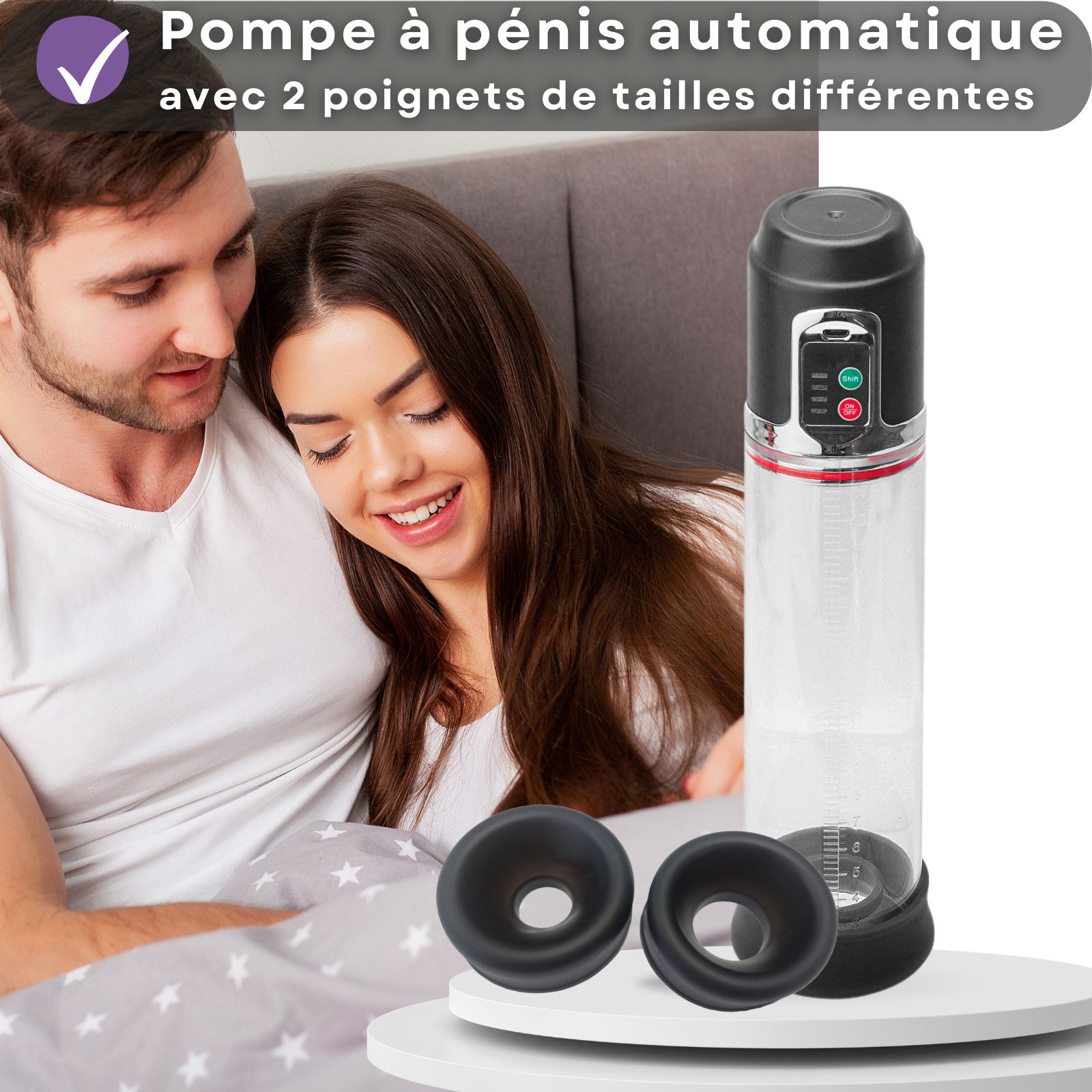 Pompe à pénis automatique avec 2 manchons. Produit avec deux manchons noirs et un cylindre transparent.