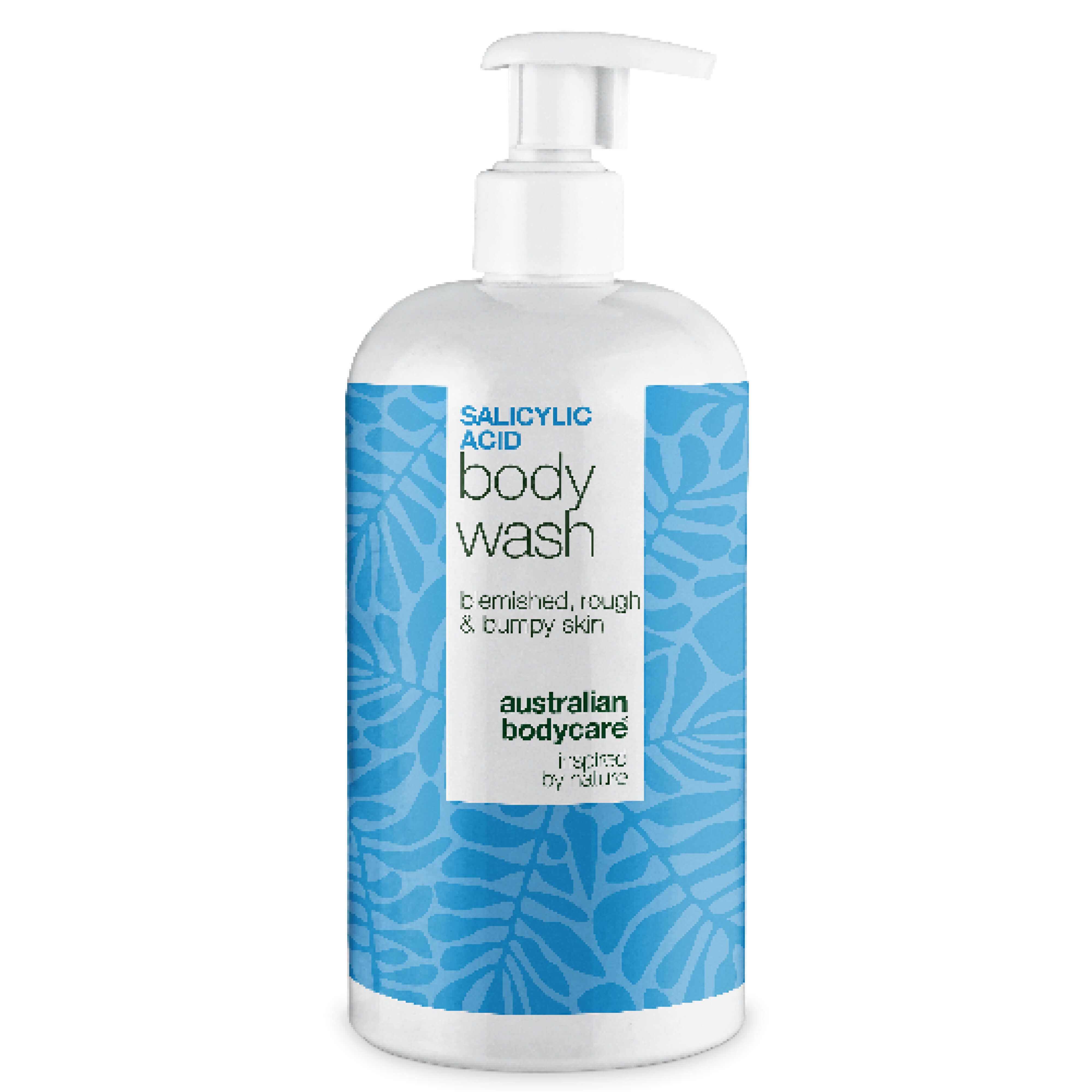 Witte dispenser met blauw etiket. Opschrift: Salicylic Acid Body Wash. Tekst: voor een onzuivere, ruwe en bobbelige huid. Merk: Australian Bodycare.
