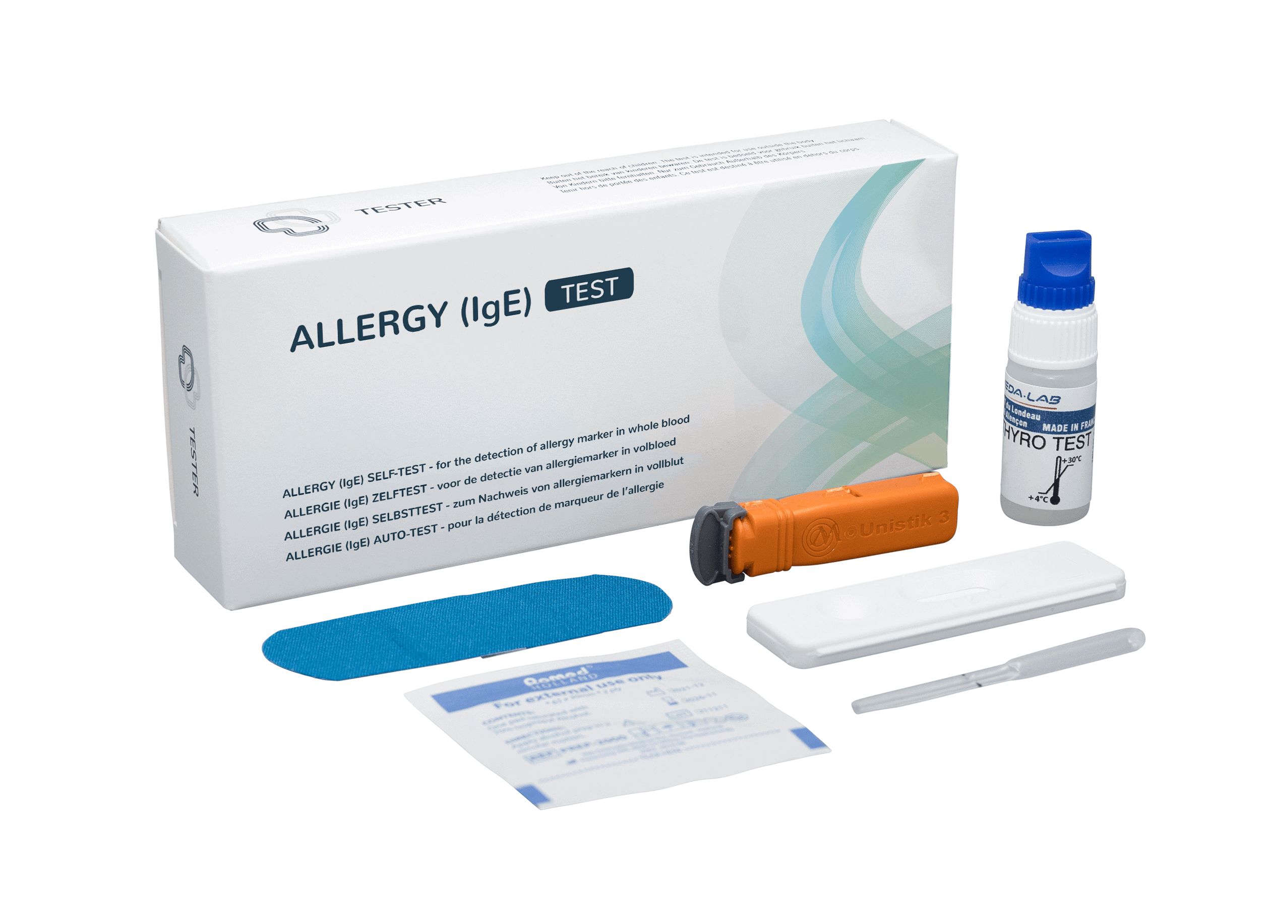 Kit de test d'allergie avec pipette, cassette de test, lingette alcoolisée et flacon.