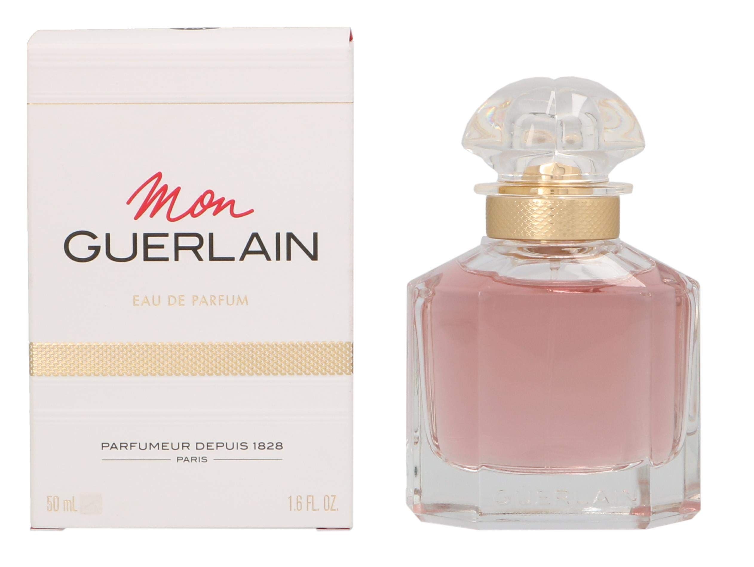 Flacon de parfum et emballage. Flacon avec liquide rose, col doré et bouchon transparent. Emballage avec texte.