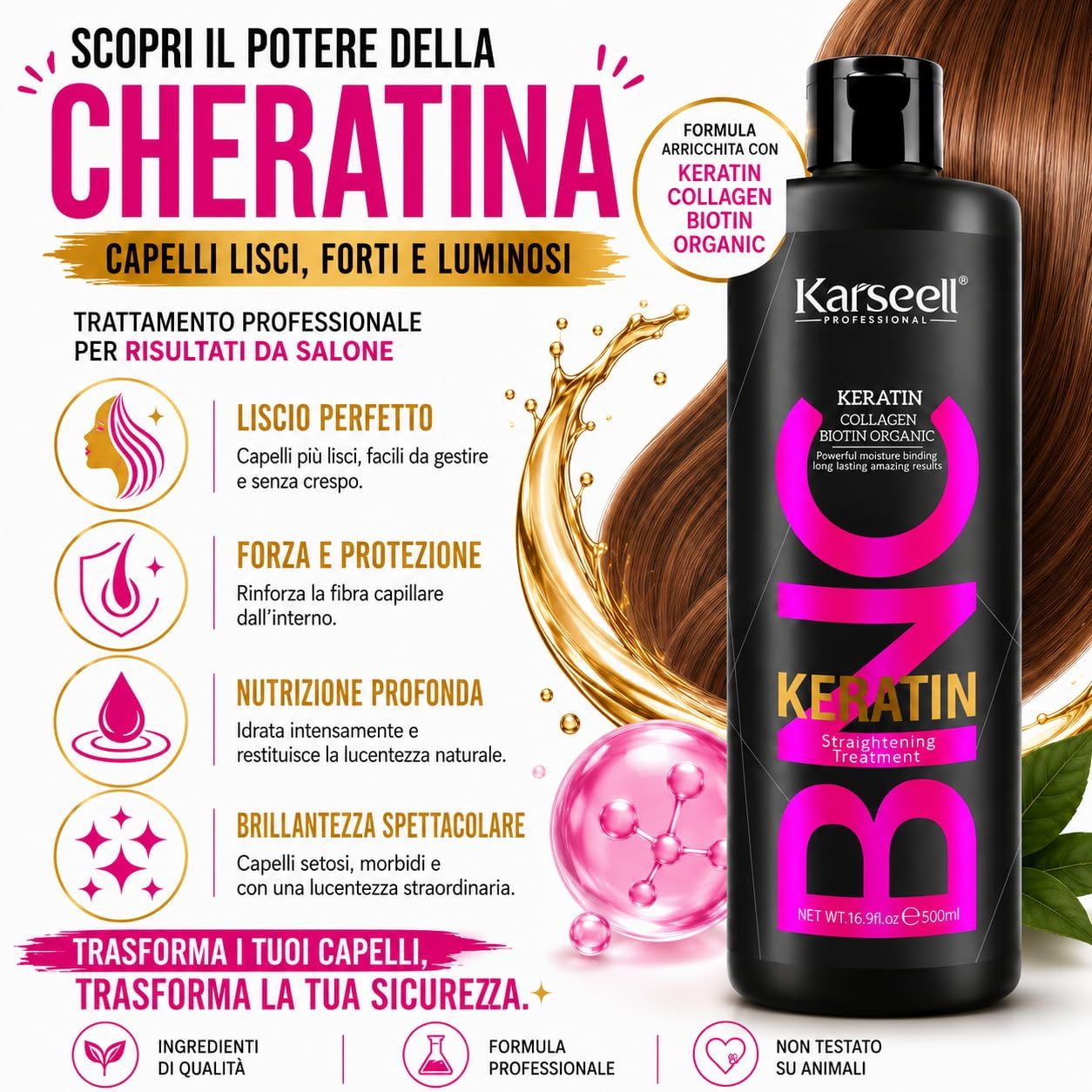 Bouteille noire de traitement lissant à la kératine Karseell, 500ml.