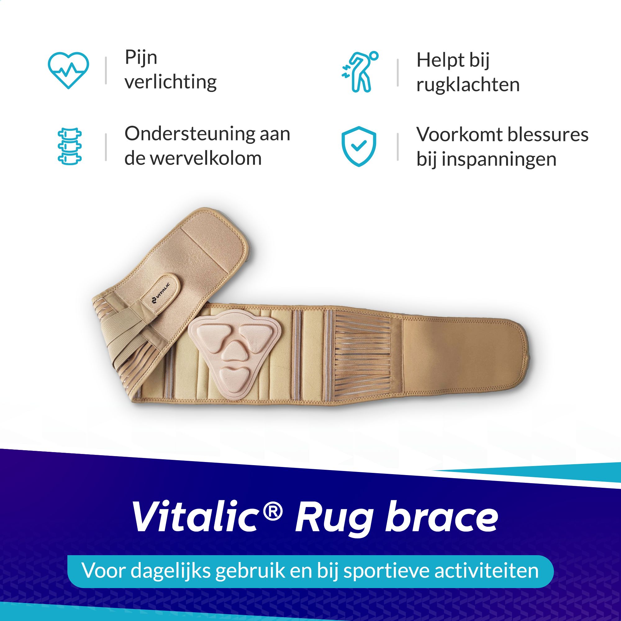 Ceinture lombaire beige avec logo et éléments de soutien. Texte : 'Rug brace'.