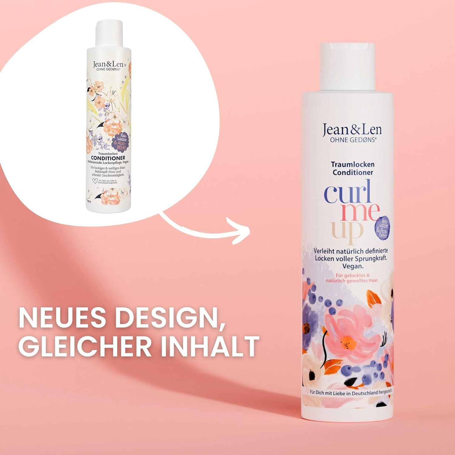 Bouteille de revitalisant Jean & Len Traumlocken. Texte : Nouveau design, même contenu. Une petite bouteille à côté.
