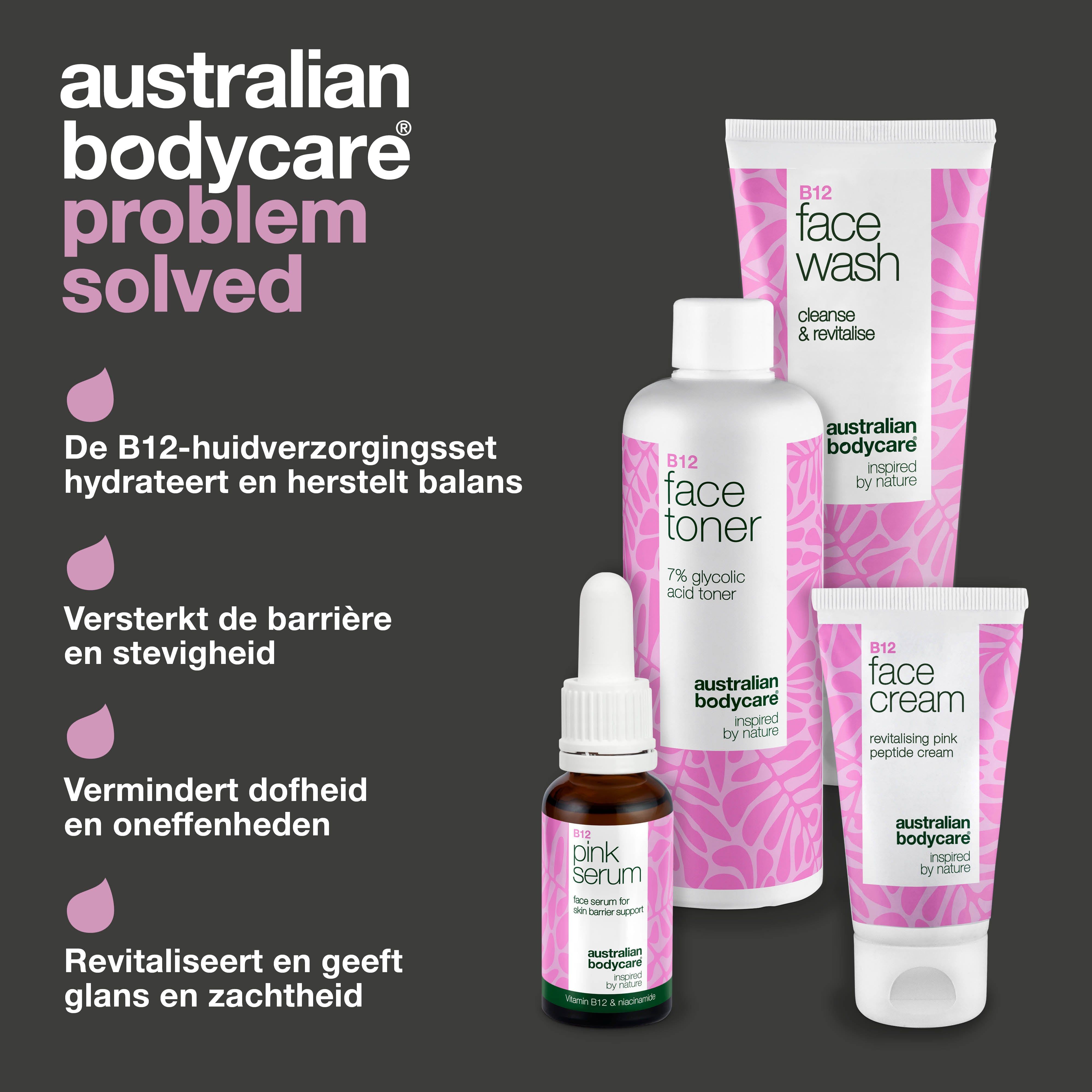 Producten: reiniger, toner, serum en crème. Roze en witte verpakking. Tekst: probleem opgelost.