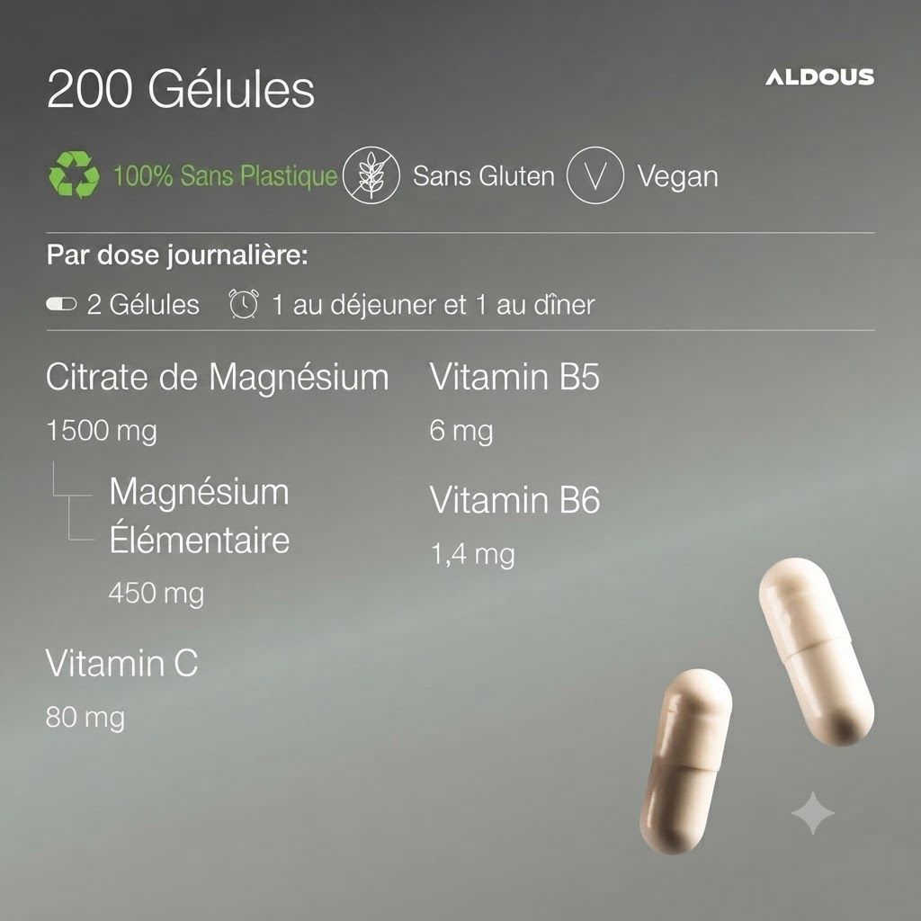 Deux gélules, un emballage de 200 gélules. Contient du citrate de magnésium, des vitamines B5, B6 et C. Sans gluten, végétalien.