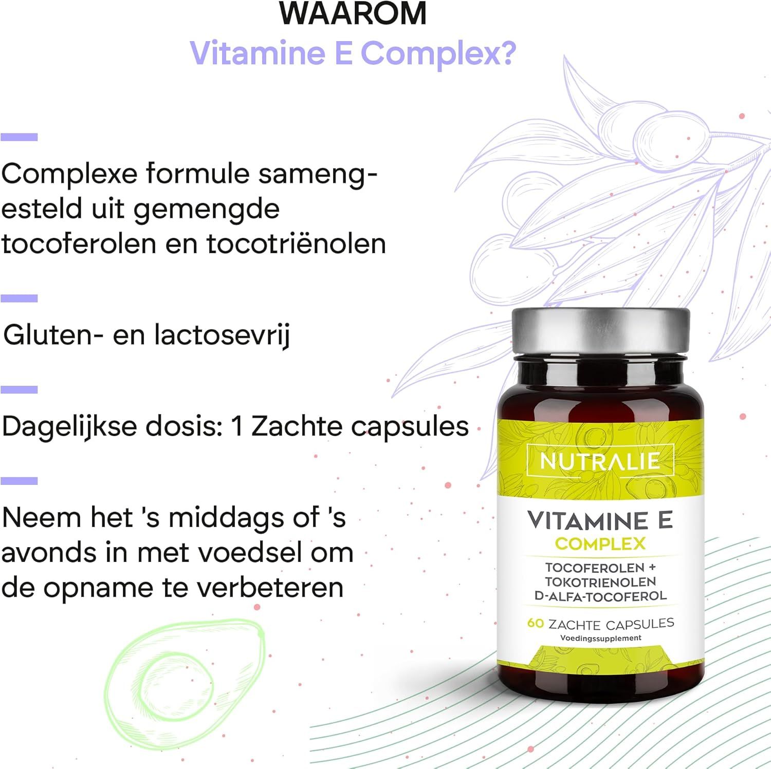 Nutralie Vitamine E Complex fles met 60 zachte capsules. Glutenvrij en lactosevrij.