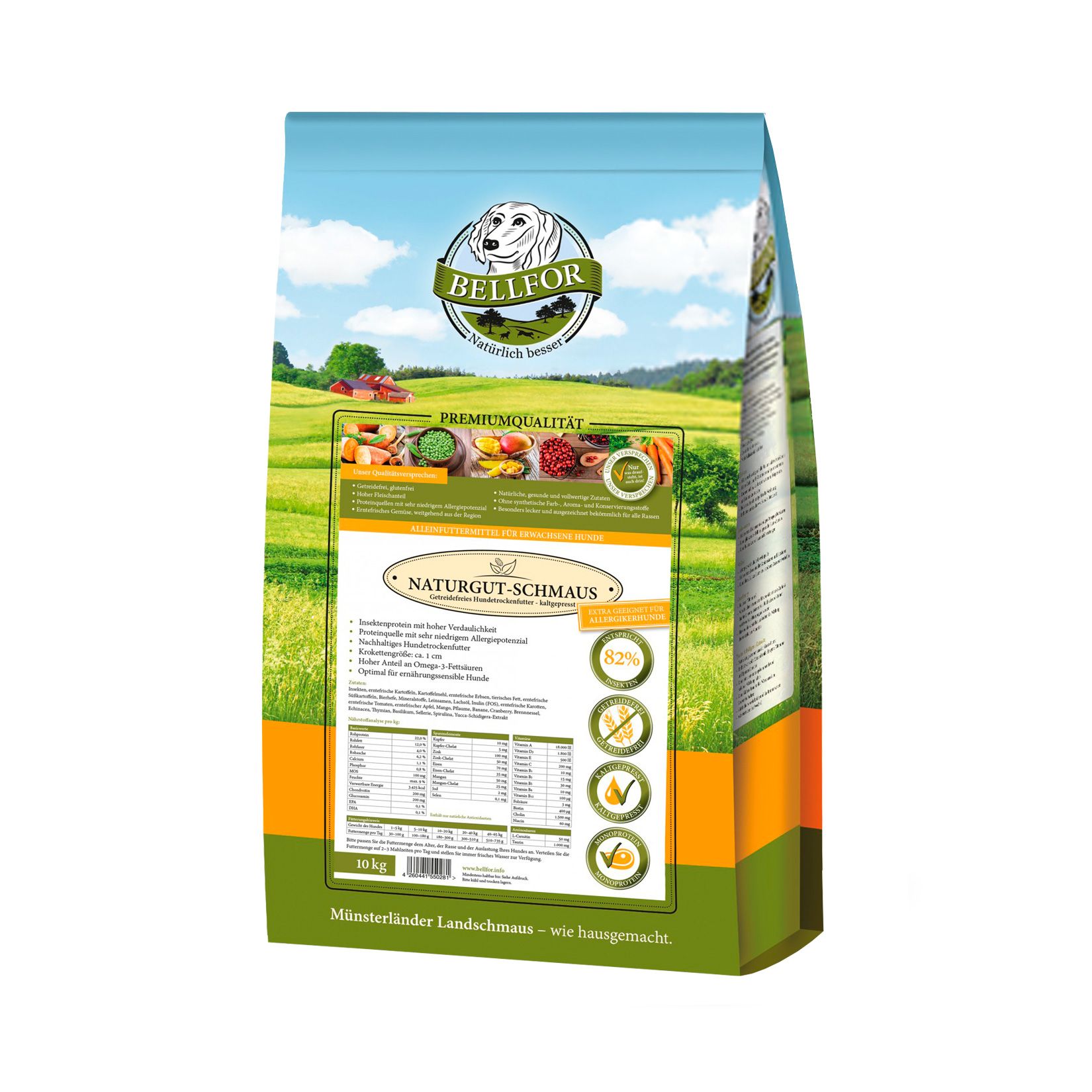 Sac de nourriture pour chiens avec logo et texte. Emballage vert et blanc avec paysage. Inscription : Naturgut-Schmaus.