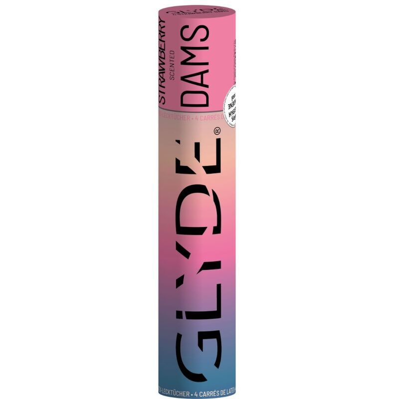 Emballage cylindrique de GLYDE DAMS. Inscription: Fraise, parfumé, DAMS. Dégradé de rose à bleu.