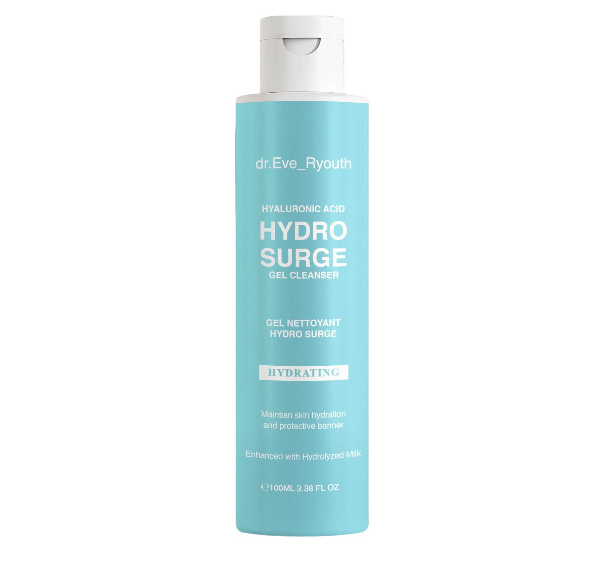Flacon bleu clair avec bouchon blanc. Inscriptions: HYDRO SURGE GEL CLEANSER, HYDRATING. Marque: dr.Eve_Ryouth.