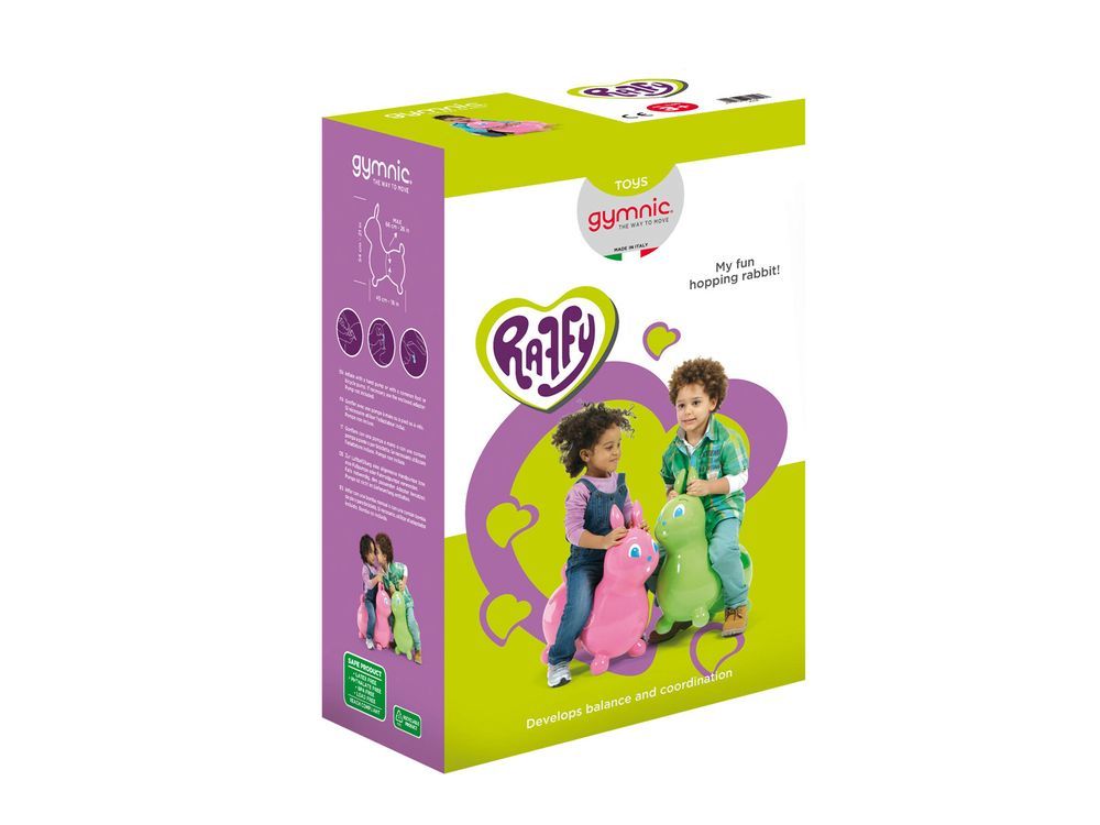 Verpakking voor een Gymnic RAFFY springdier konijn. De verpakking toont kinderen die op het product spelen. Met logo en tekst.