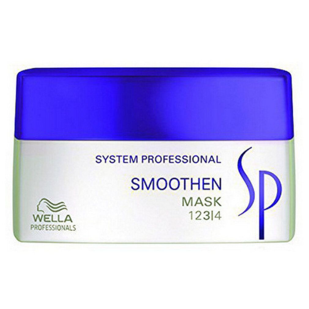 Pot met blauwe deksel. Opschrift: System Professional Smoothen Mask 12314. Logo van Wella Professionals.