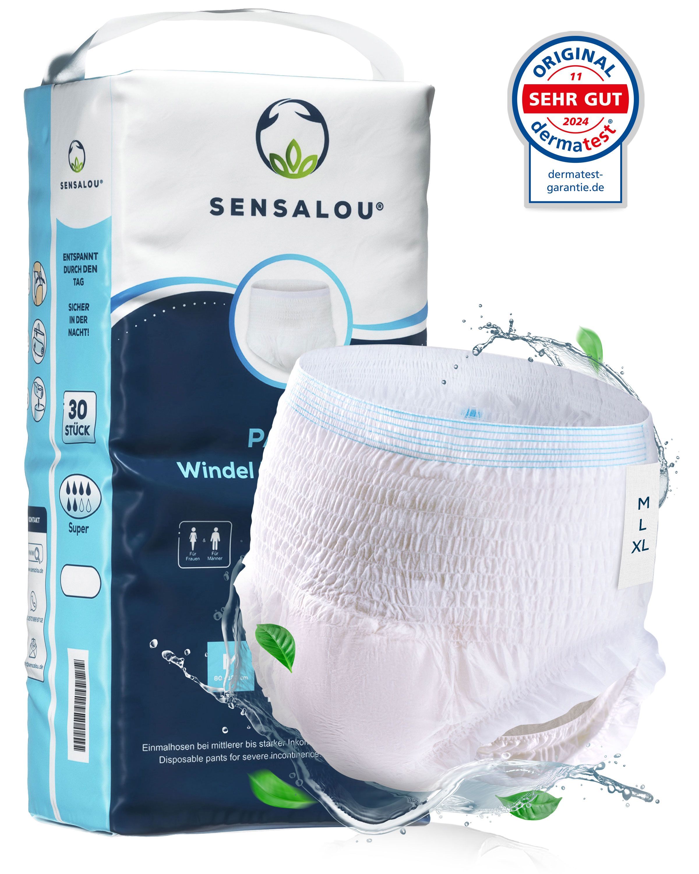 Sensalou Pants Super, maat M. Incontinentiebroekje met 30 stuks. Dermatest-zegel. Witte broek, blauwe details.