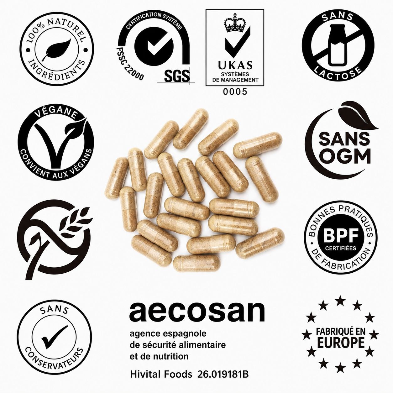 Un tas de gélules entouré de divers logos de certification tels que "Sans Lactose", "Sans OGM" et "Vegane".