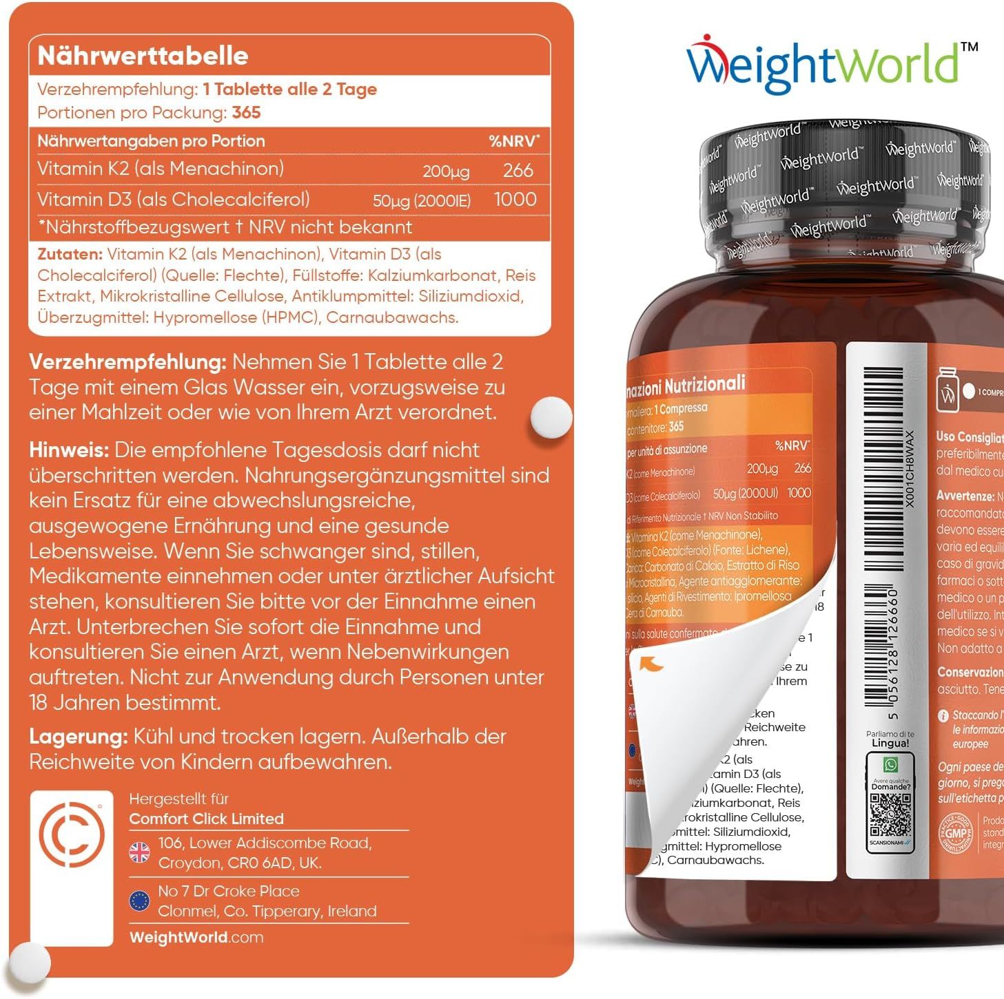 Bouteille WeightWorld Vitamine D3+K2 avec informations nutritionnelles.